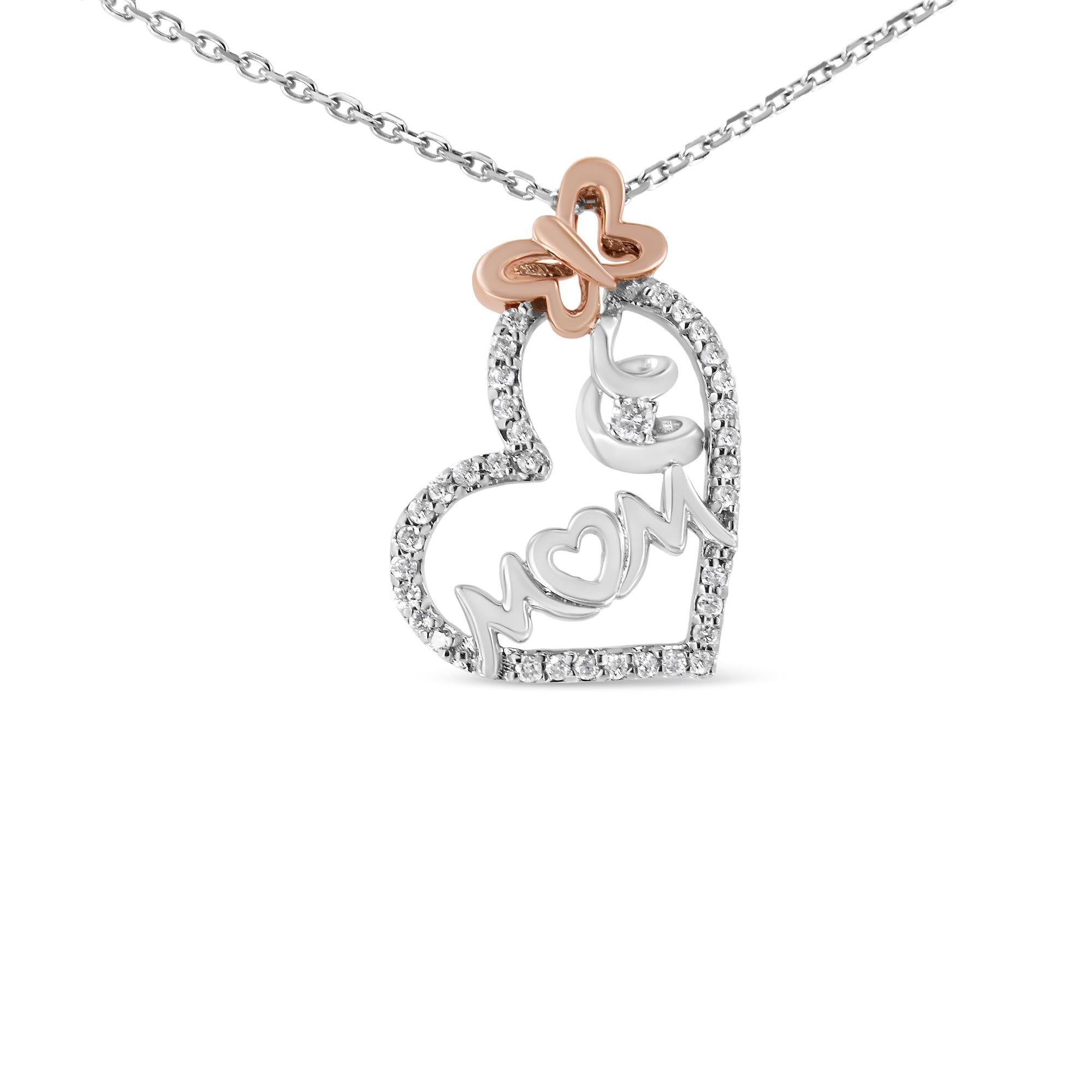 Diamond Heart “Mom” Pendant Necklace in Two-Tone Sterling Silver (1/5 Cttw)