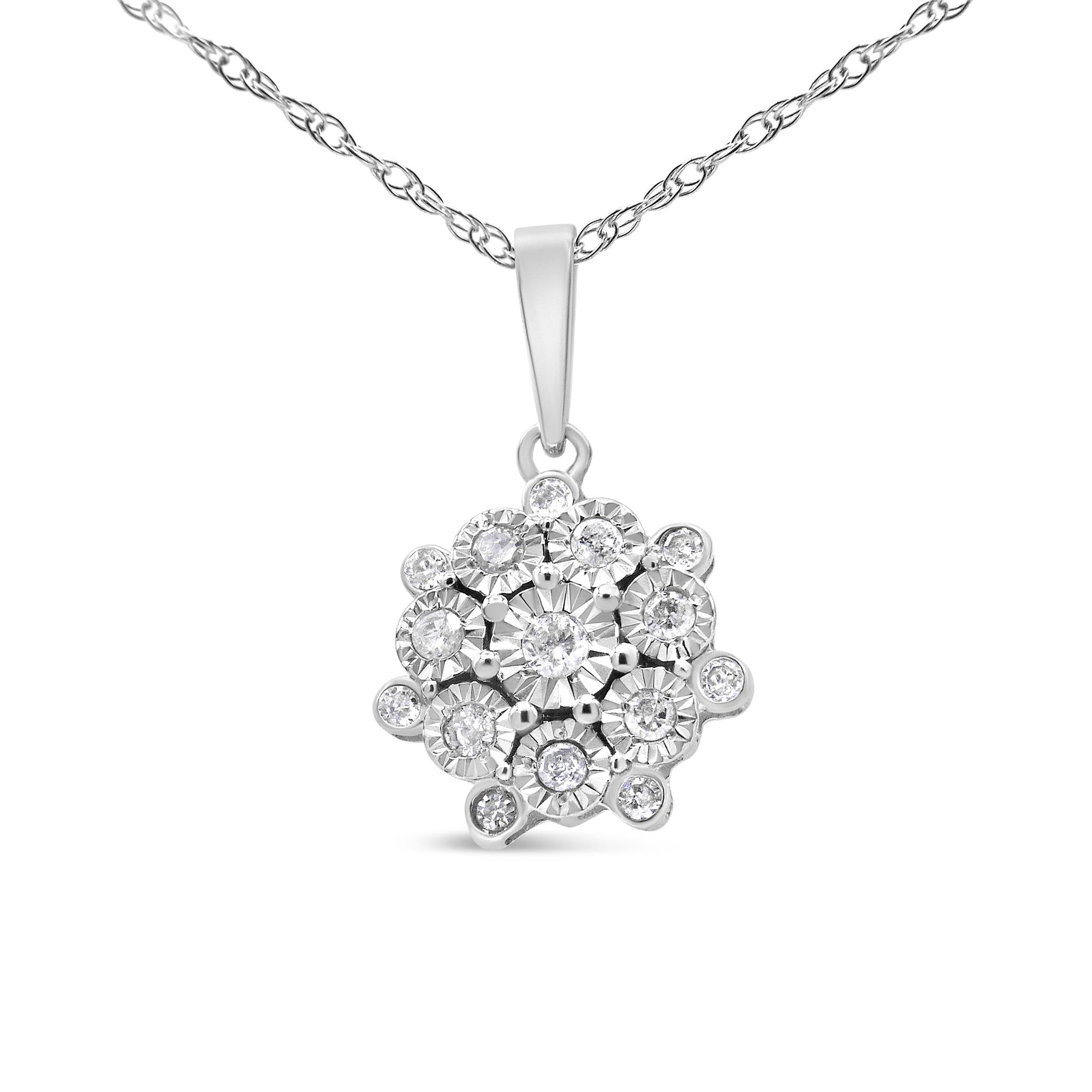 .925 Sterling Silver 1/4 Cttw Diamond Floral Cluster Pendant Necklace (I-J, I2-I3)