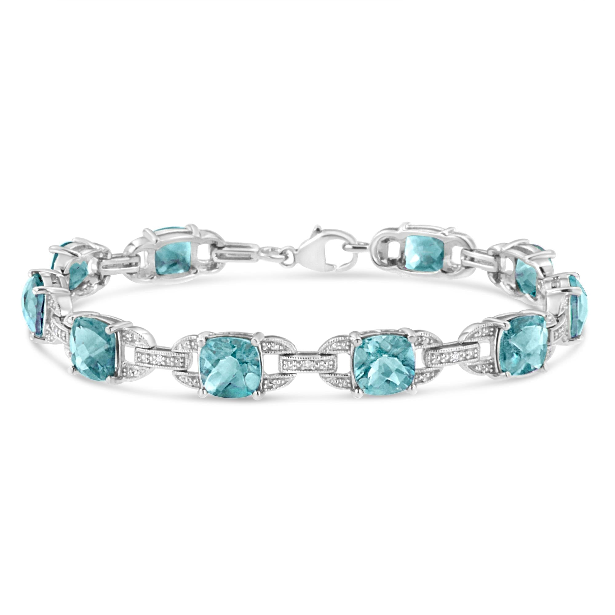 Blue Topaz & Diamond Tennis Bracelet 7x7mm in .925 Sterling Silver