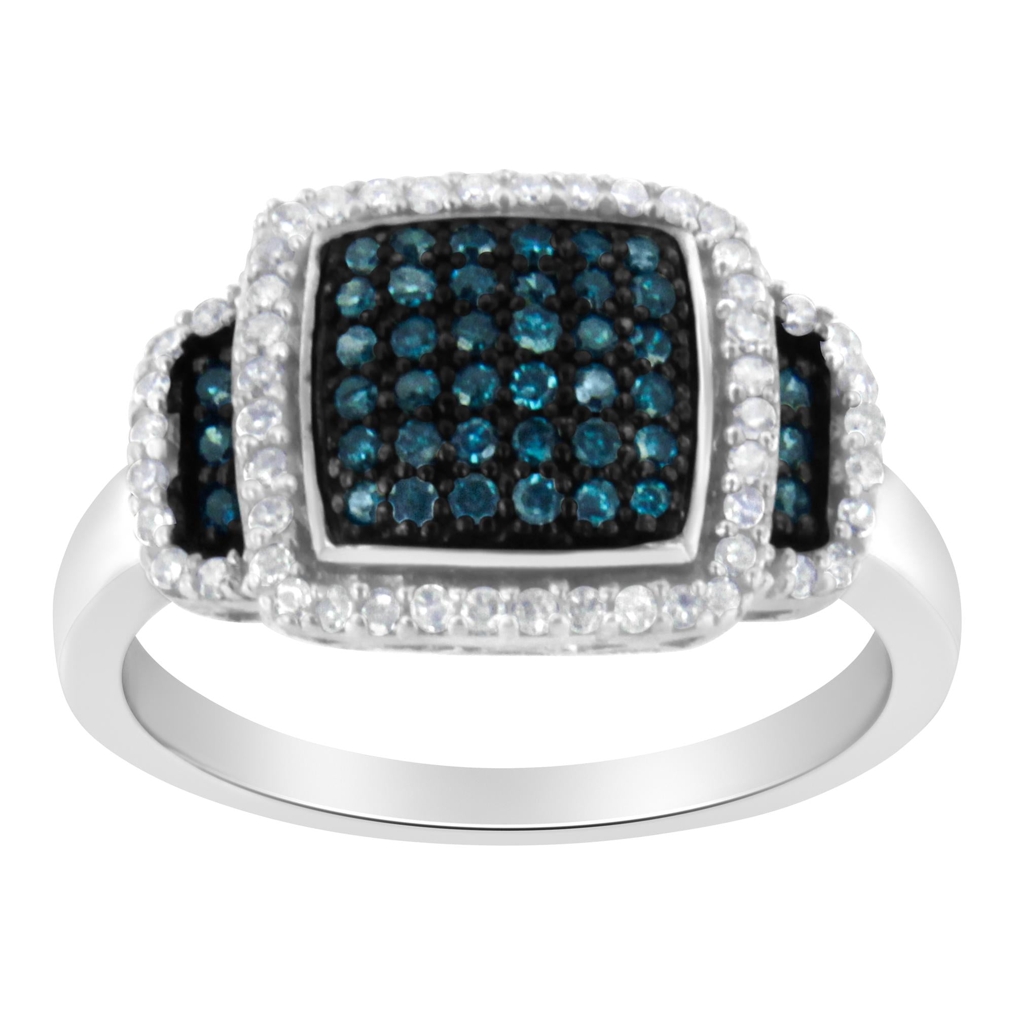 Black Rhodium Plated .925 Sterling Silver 1/2 Cttw White & Blue Diamond Square Halo Cocktail Ring (Fancy Blue & H-I Colo