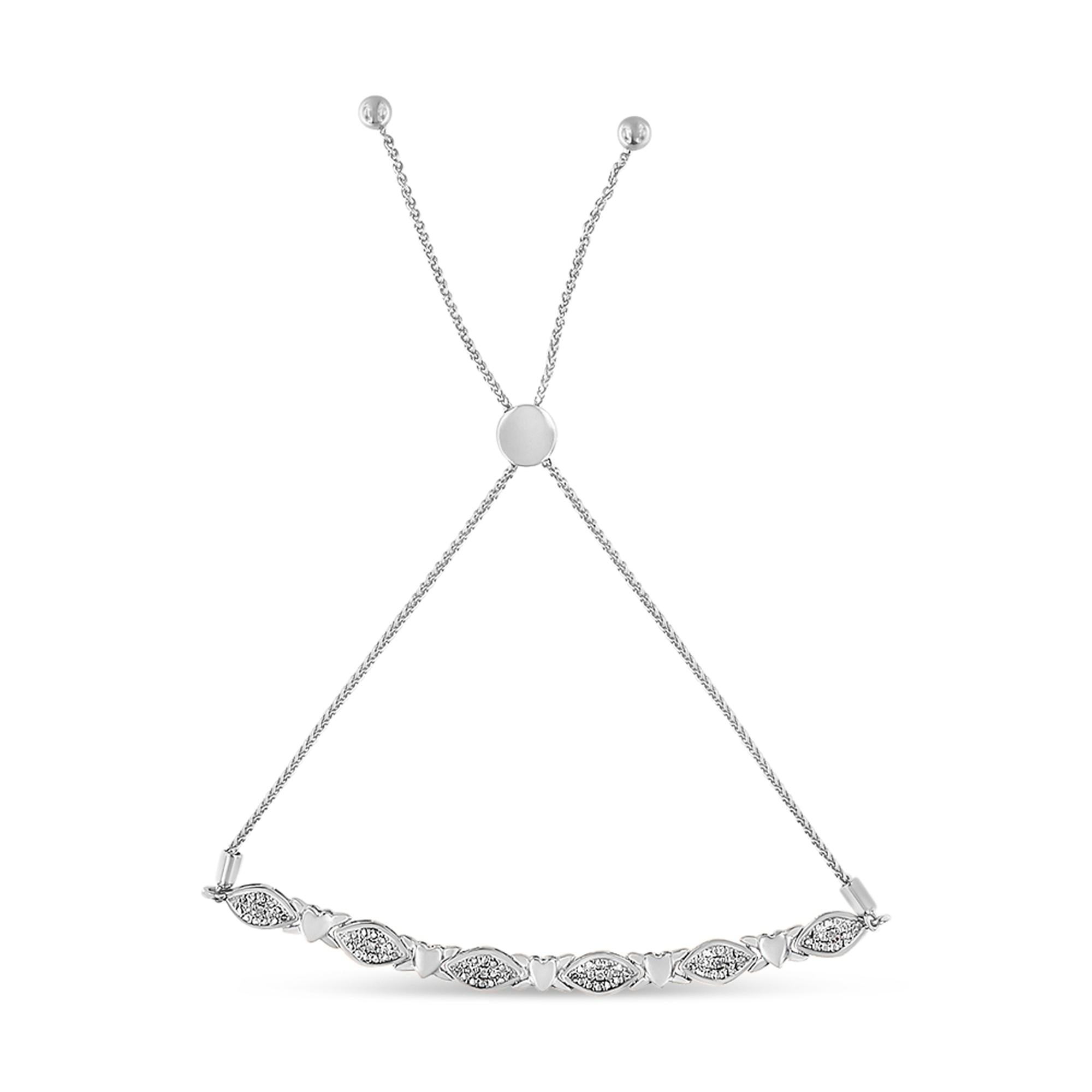 .925 Sterling Silver Diamond Accent Alternating Marquise Shape and Heart Links Bolo Bracelet (I-J Color, I3 Clarity) - A
