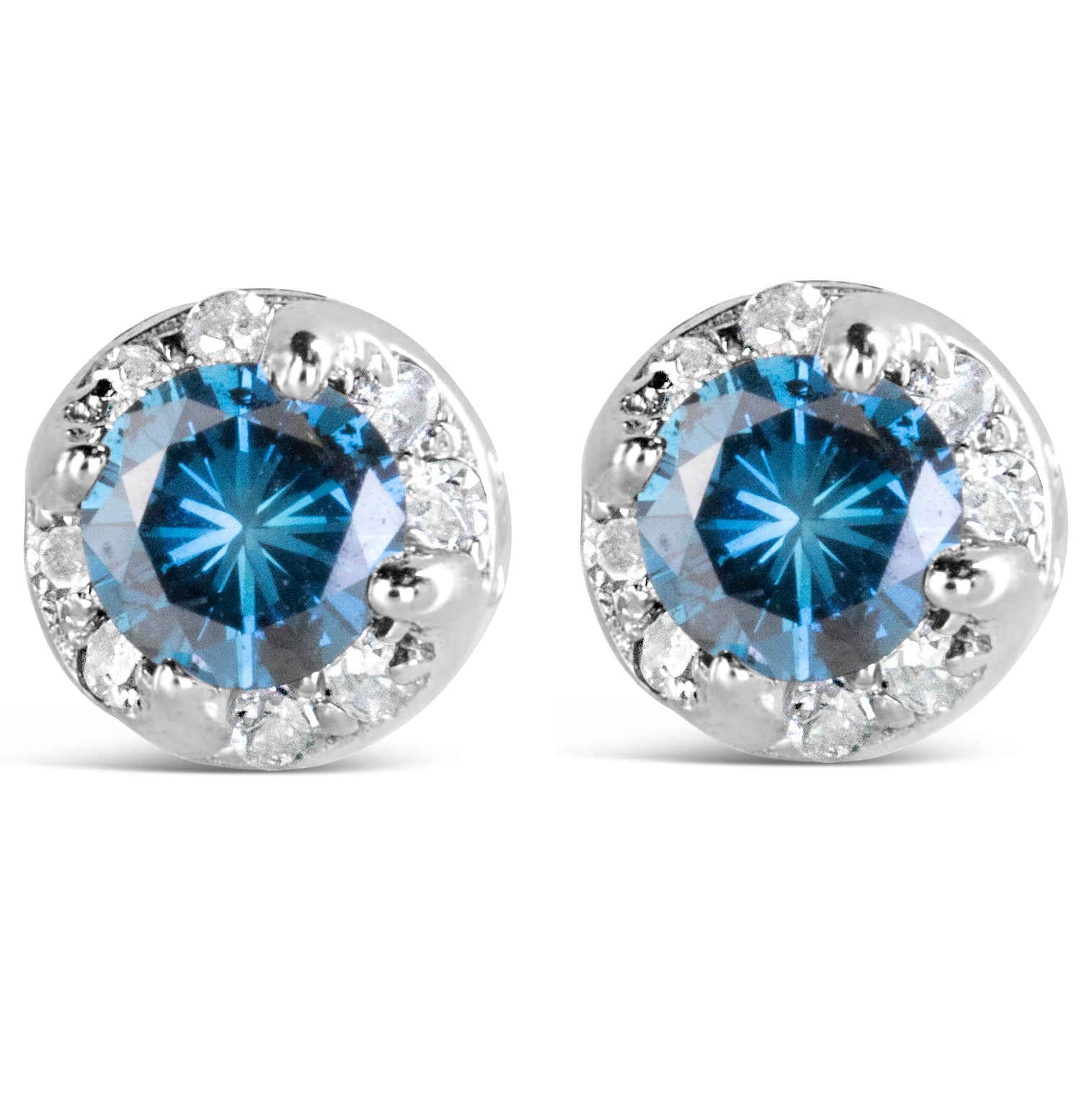 14K White Gold Blue & White Diamond Halo Stud Earrings