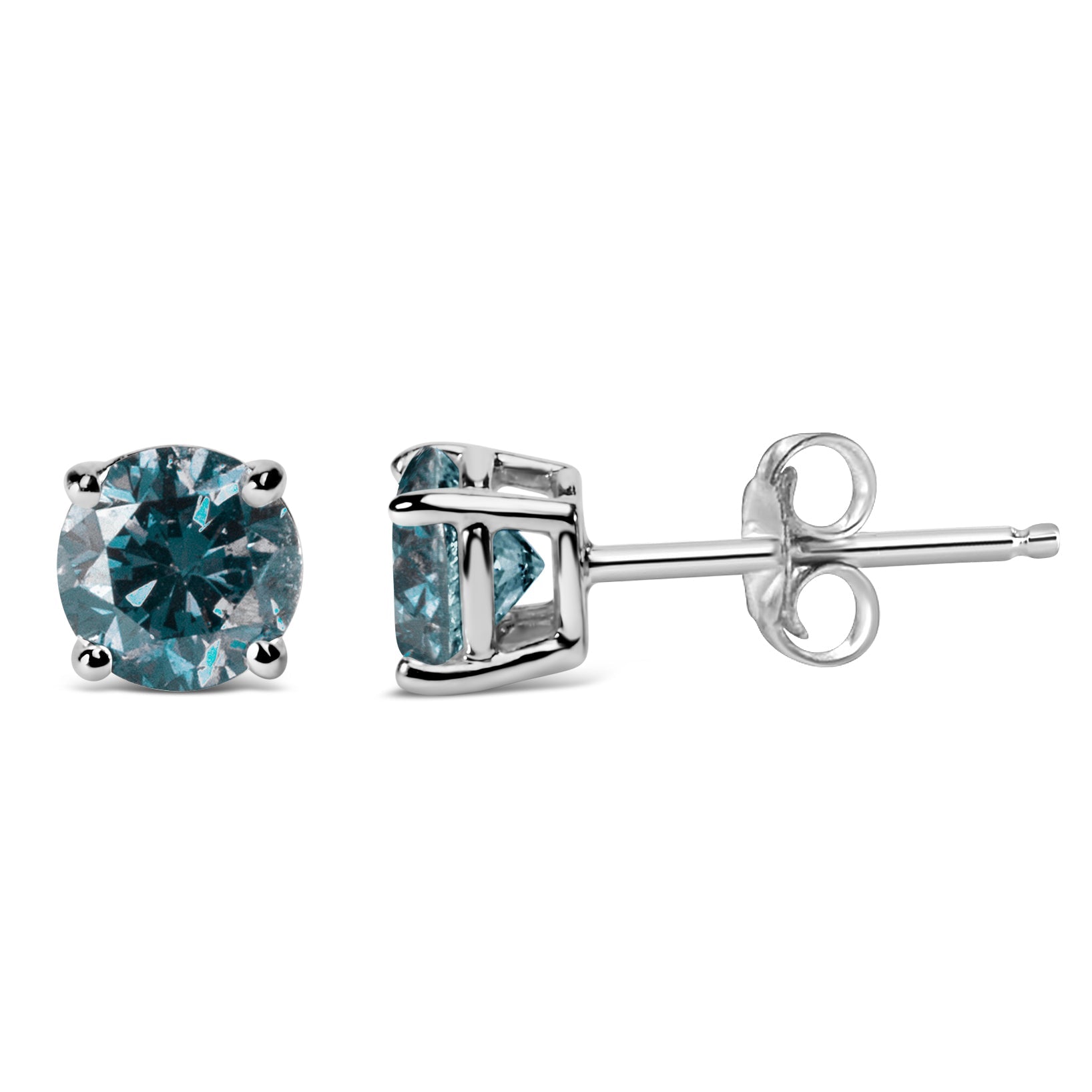 14K Gold Round Brilliant Cut Lab Grown Blue Diamond 4-Prong Classic Solitaire Stud Earrings With Pushbacks