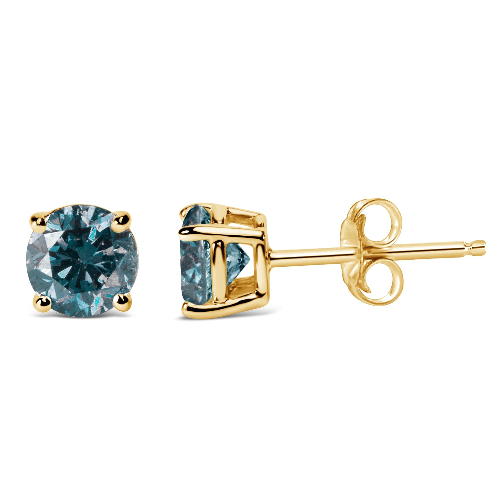 14K Gold Round Brilliant Cut Lab Grown Blue Diamond 4-Prong Classic Solitaire Stud Earrings With Pushbacks
