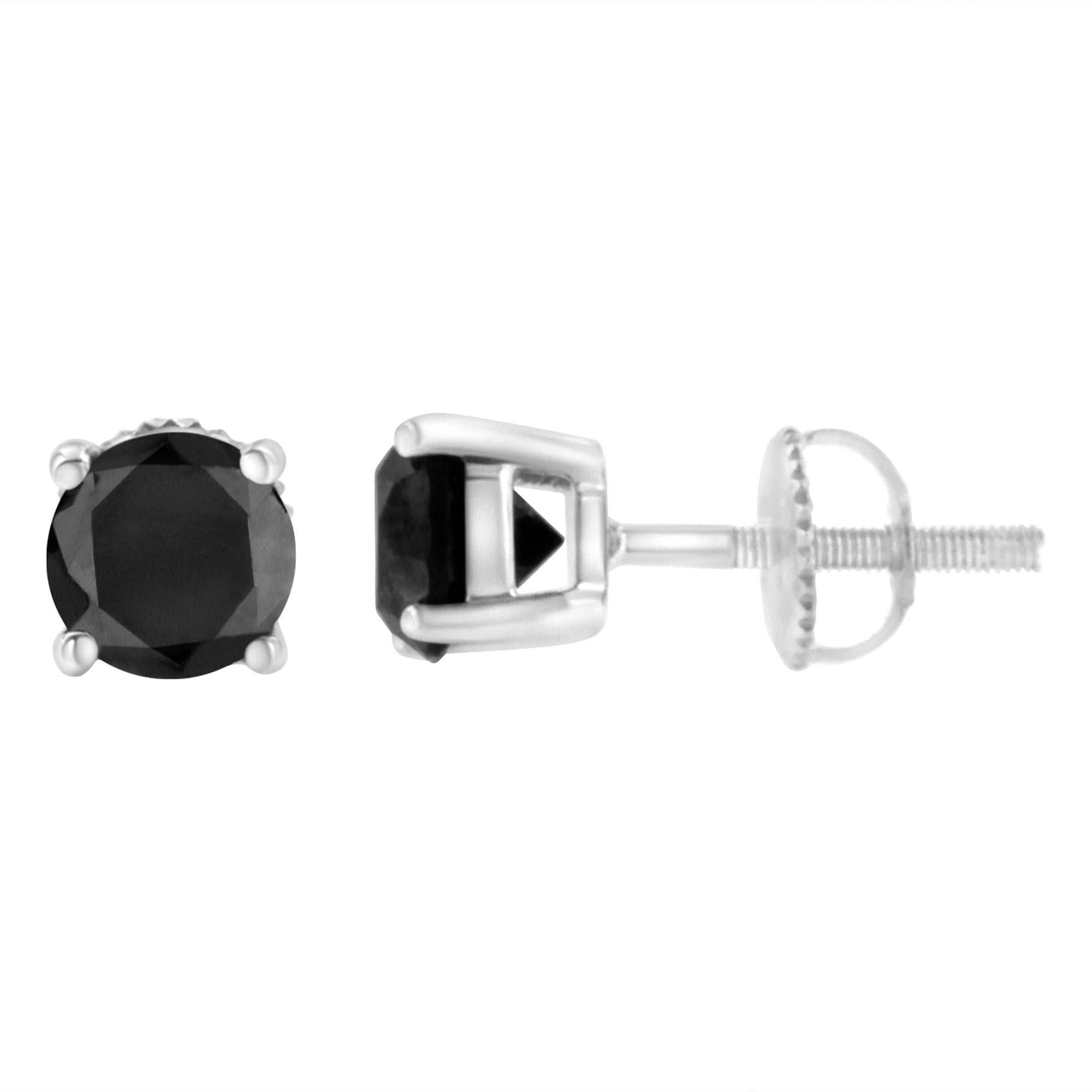 .925 Sterling Silver Round Brilliant-Cut Black Diamond Classic 4-Prong Stud Earrings With Screw Backs (Fancy Color-Enhan