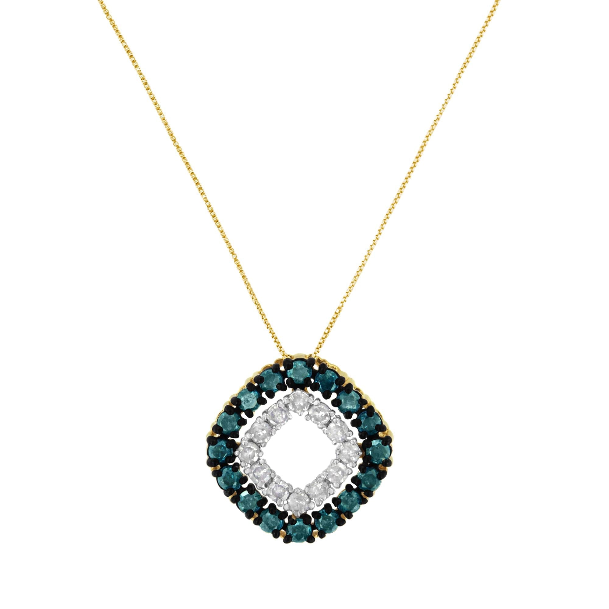 14K Yellow Gold Plated .925 Sterling Silver 1/2 Cttw Color Treated Diamond Square Pendant Necklace (Blue, Yellow, I2-I3