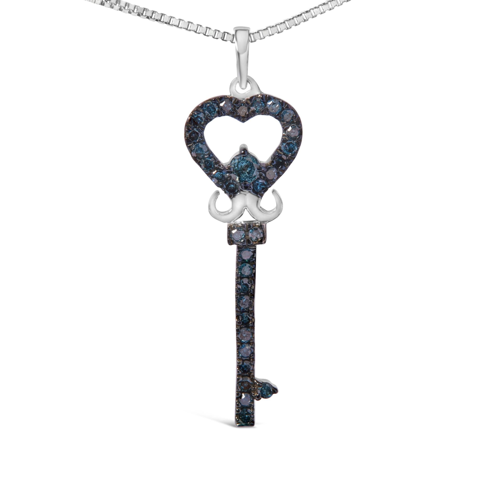 Blue Diamond Key Pendant Necklace 18” in .925 Sterling Silver 1/3 Cttw