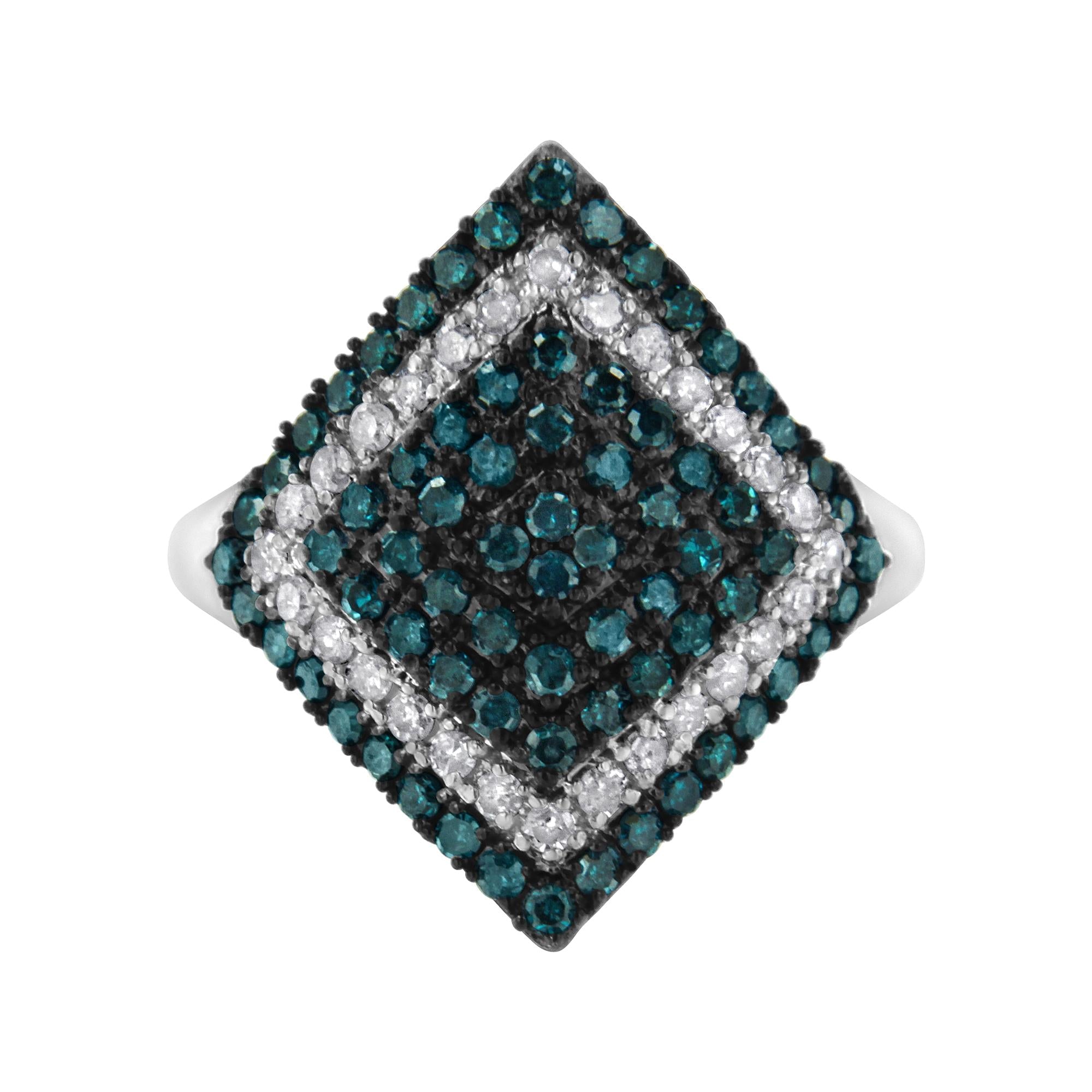.925 Sterling Silver 1 Cttw White and Treated Blue Diamond Rhombus Cocktail Ring (Blue, I3)