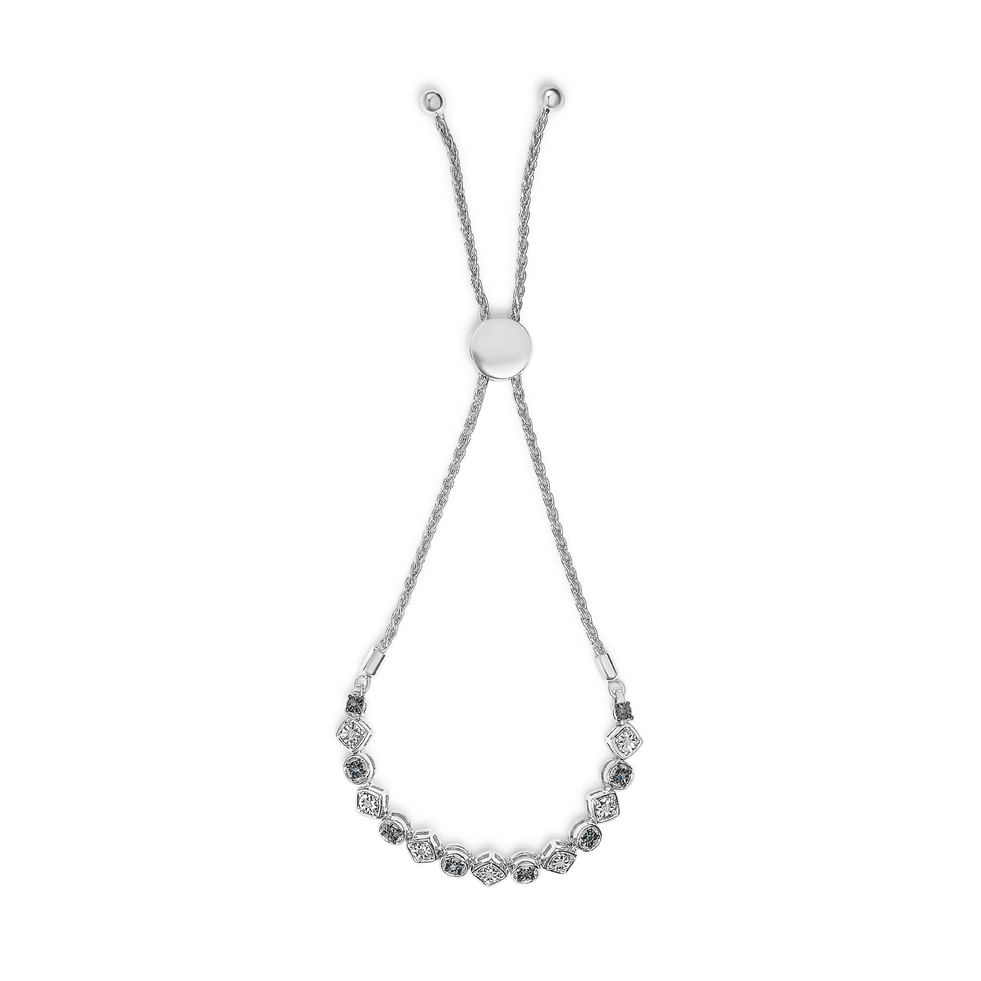 .925 Sterling Silver 1/10 Cttw Alternating Blue and White Diamond Link Bolo Bracelet (Blue/I-J Color, I2-I3 Clarity)