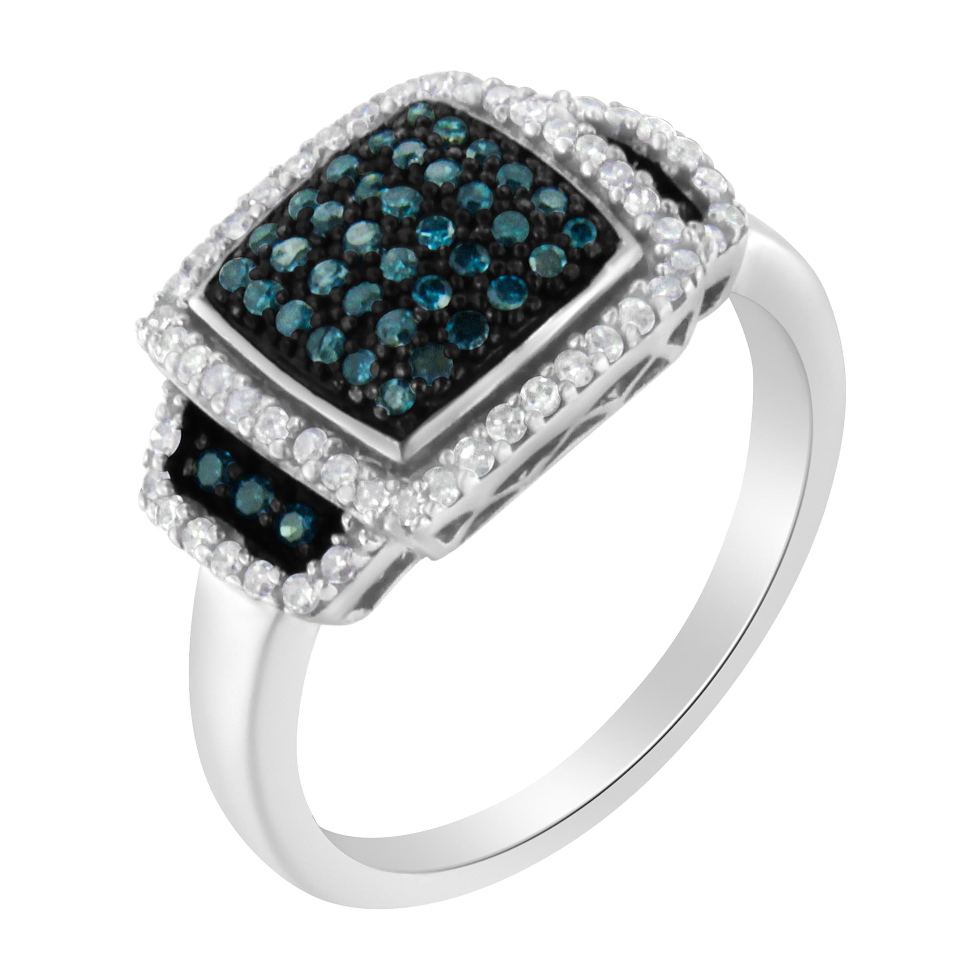 Black Rhodium Plated .925 Sterling Silver 1/2 Cttw White & Blue Diamond Square Halo Cocktail Ring (Fancy Blue & H-I Colo