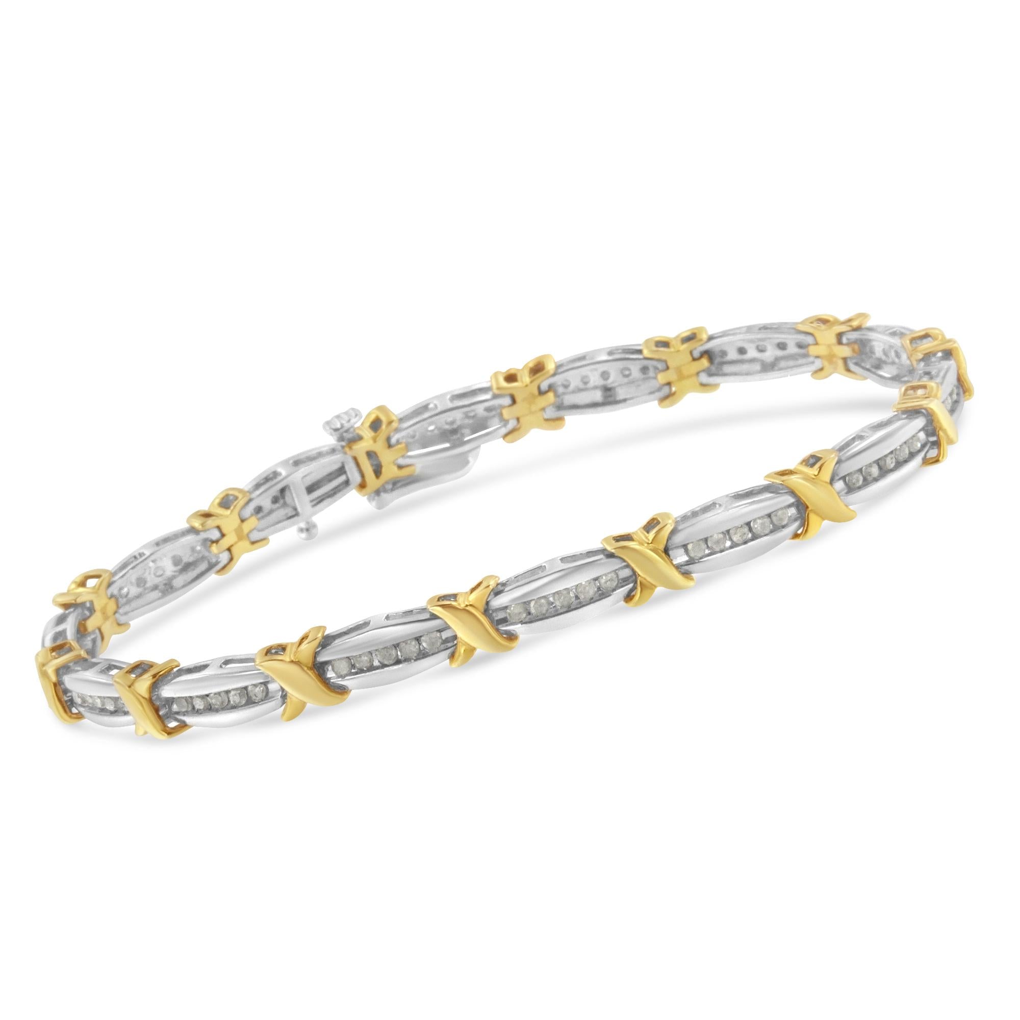 Two-Tone 10K Yellow Gold Over .925 Sterling Silver 1.0 Cttw Diamond Channel Set Tapered & X-Link 7" Tennis Bracelet (H-I