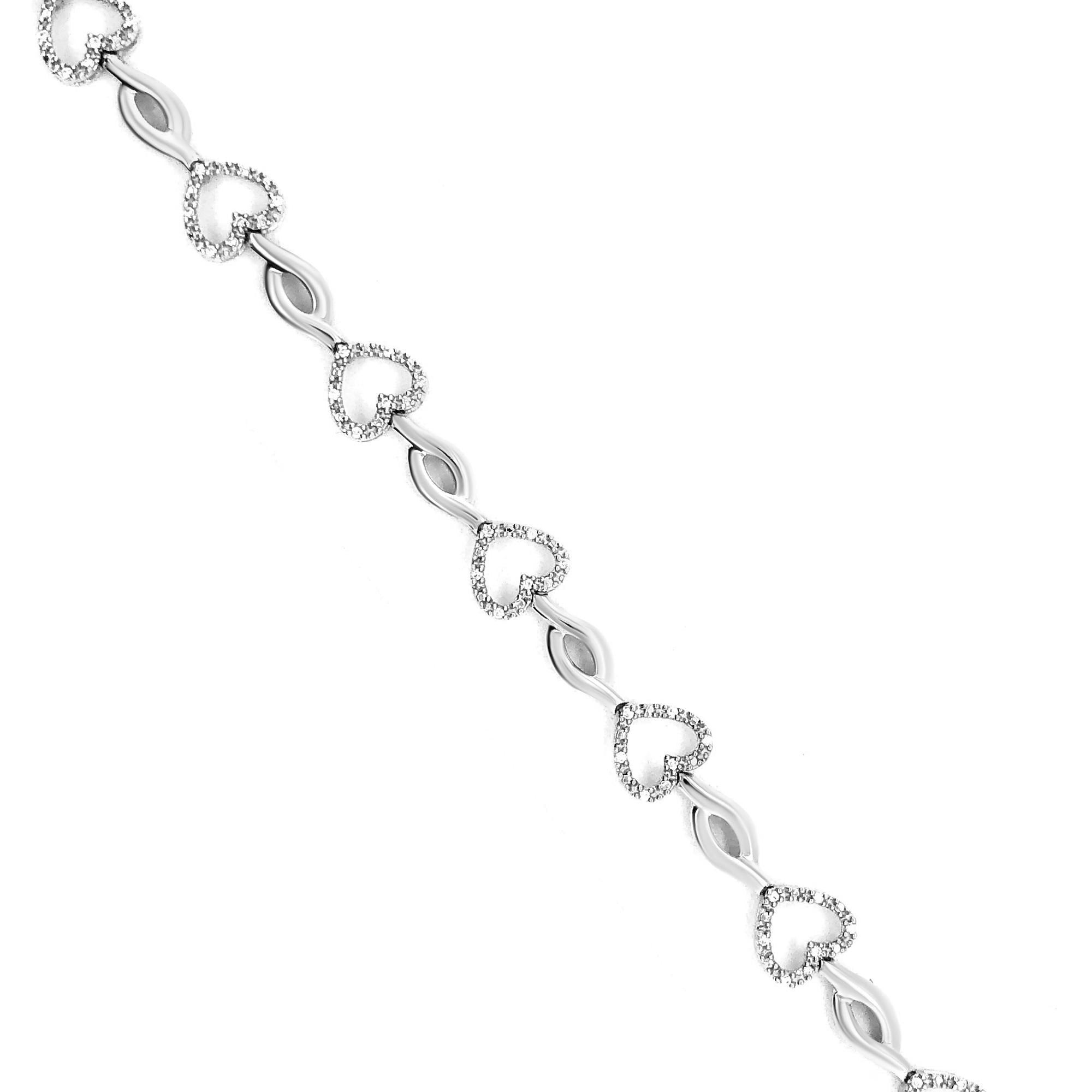 .925 Sterling Silver 1/4 Cttw Round-Cut Diamond Alternating Heart and Leaf Link Bracelet (I-J Color, I3 Clarity) - Size