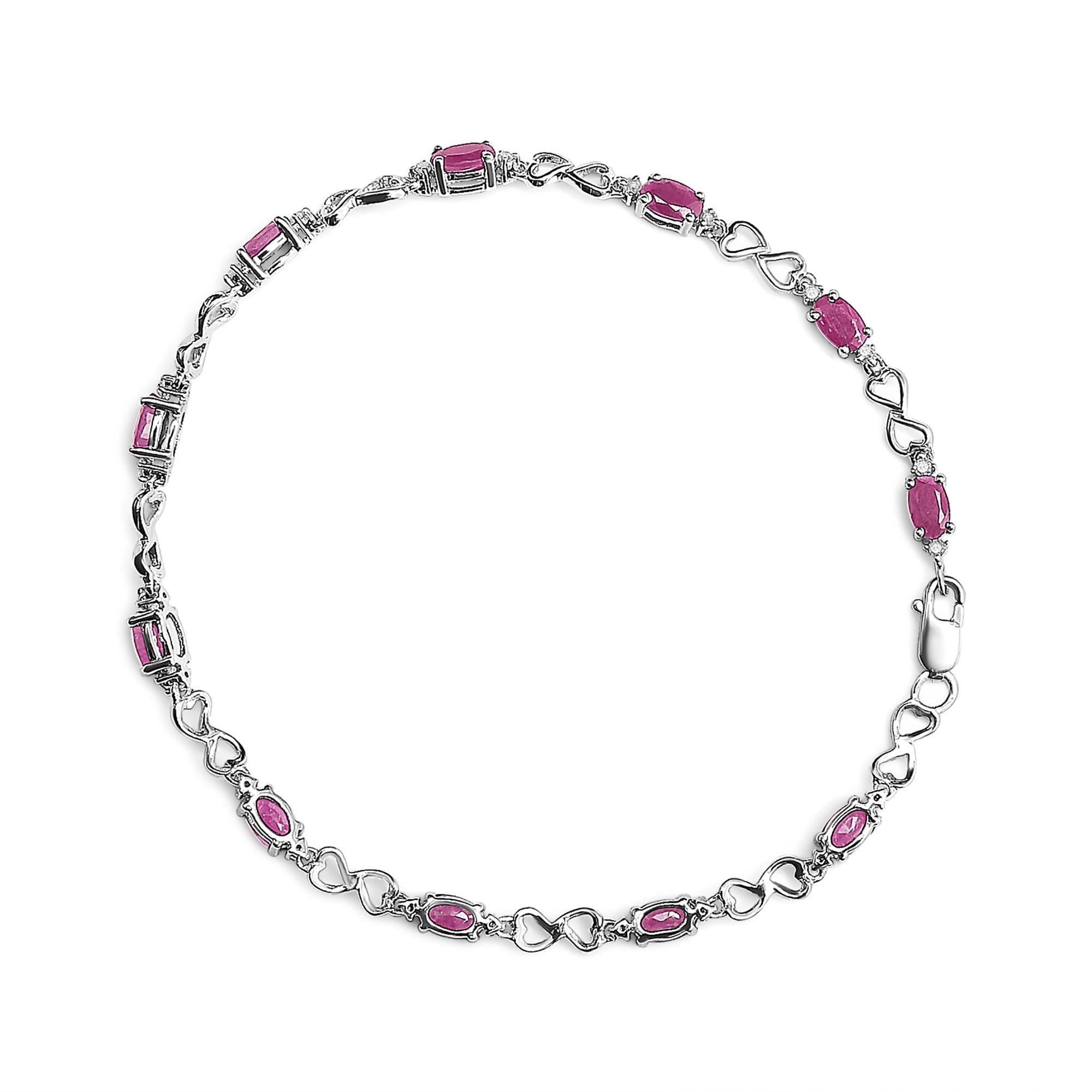 Pink Oval Ruby & Diamond Link Bracelet in .925 Sterling Silver 7.25”