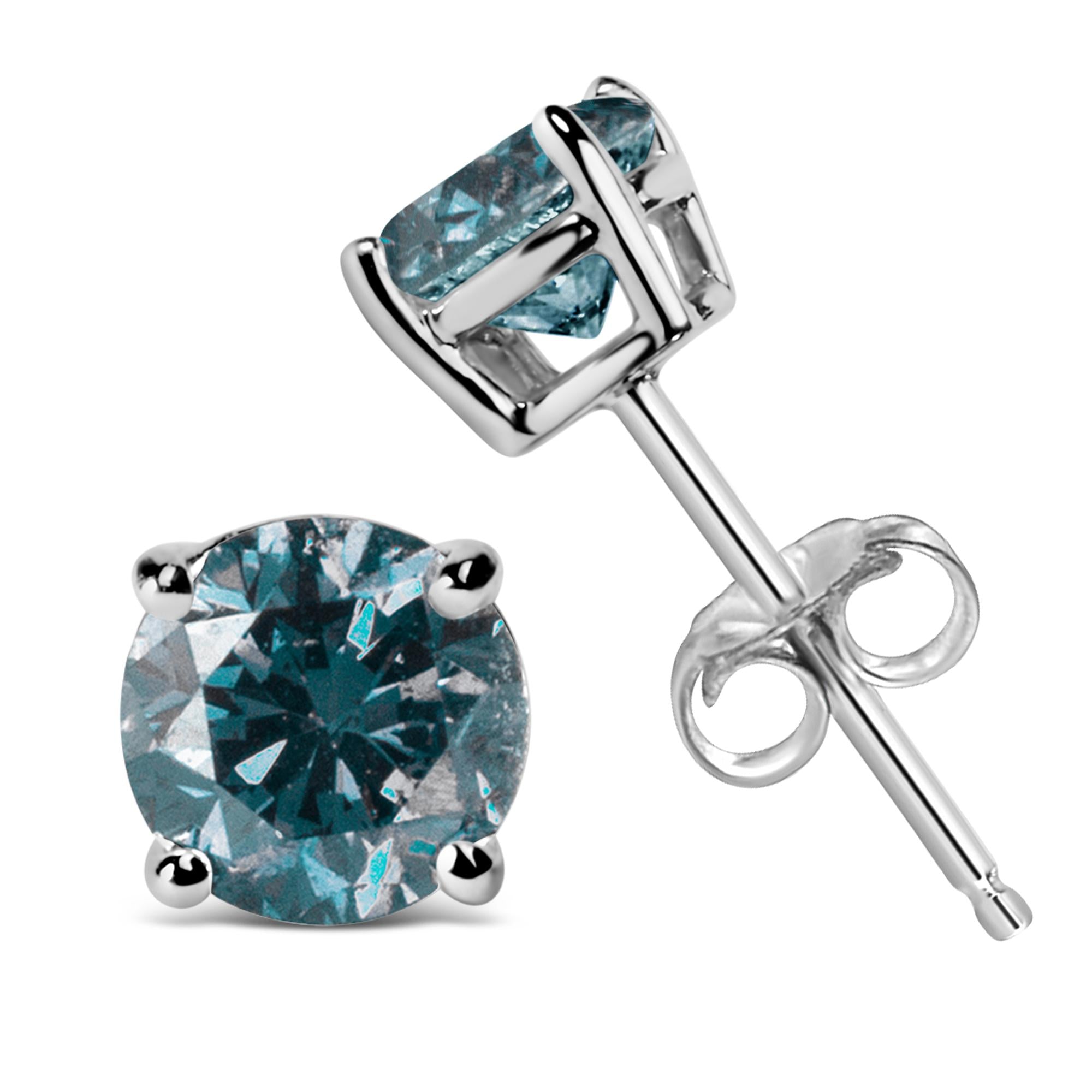 14K Gold Round Brilliant Cut Lab Grown Blue Diamond 4-Prong Classic Solitaire Stud Earrings With Pushbacks