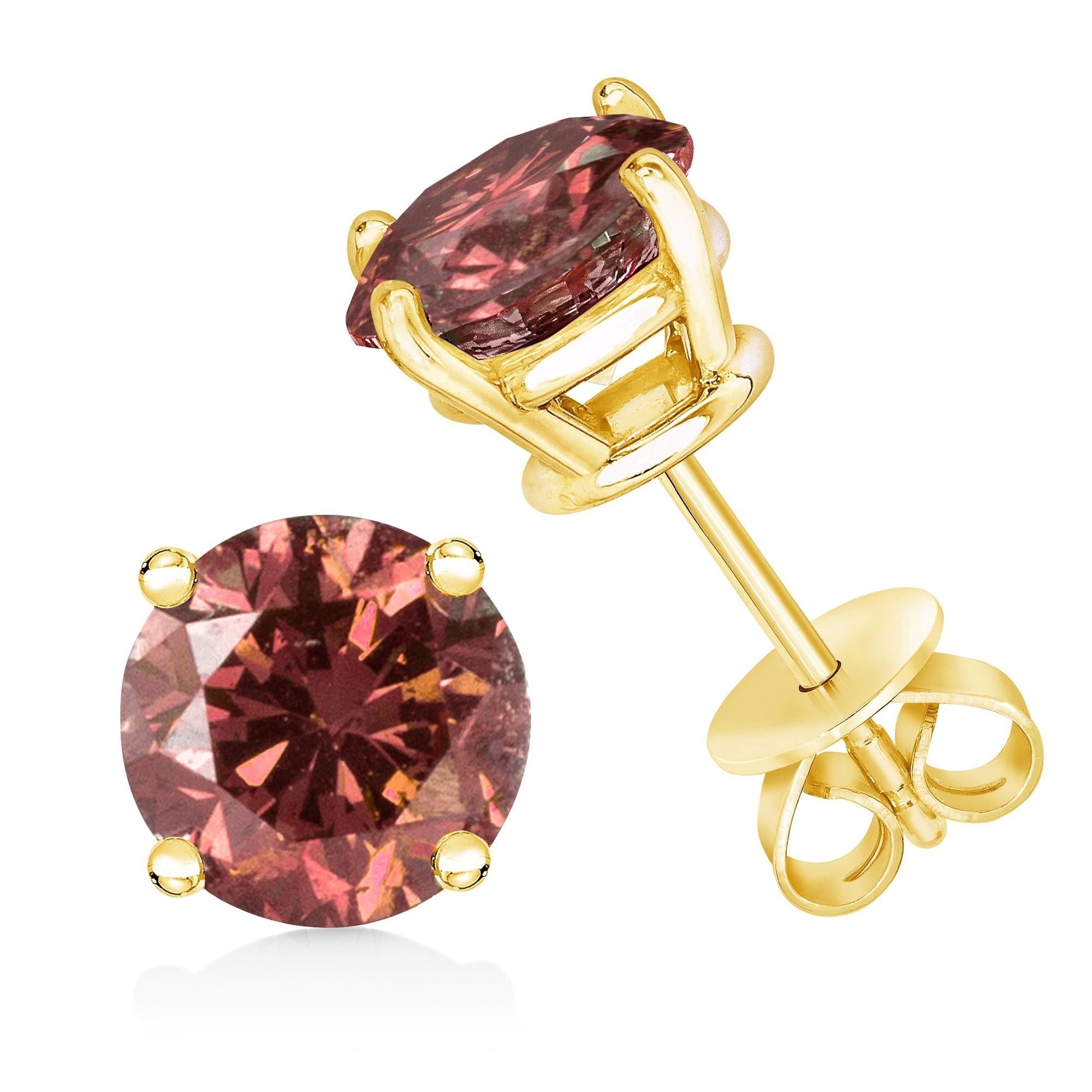 14K Yellow Gold Lab-Grown Pink Diamond Solitaire Earrings 1/2 Cttw (VVS2)