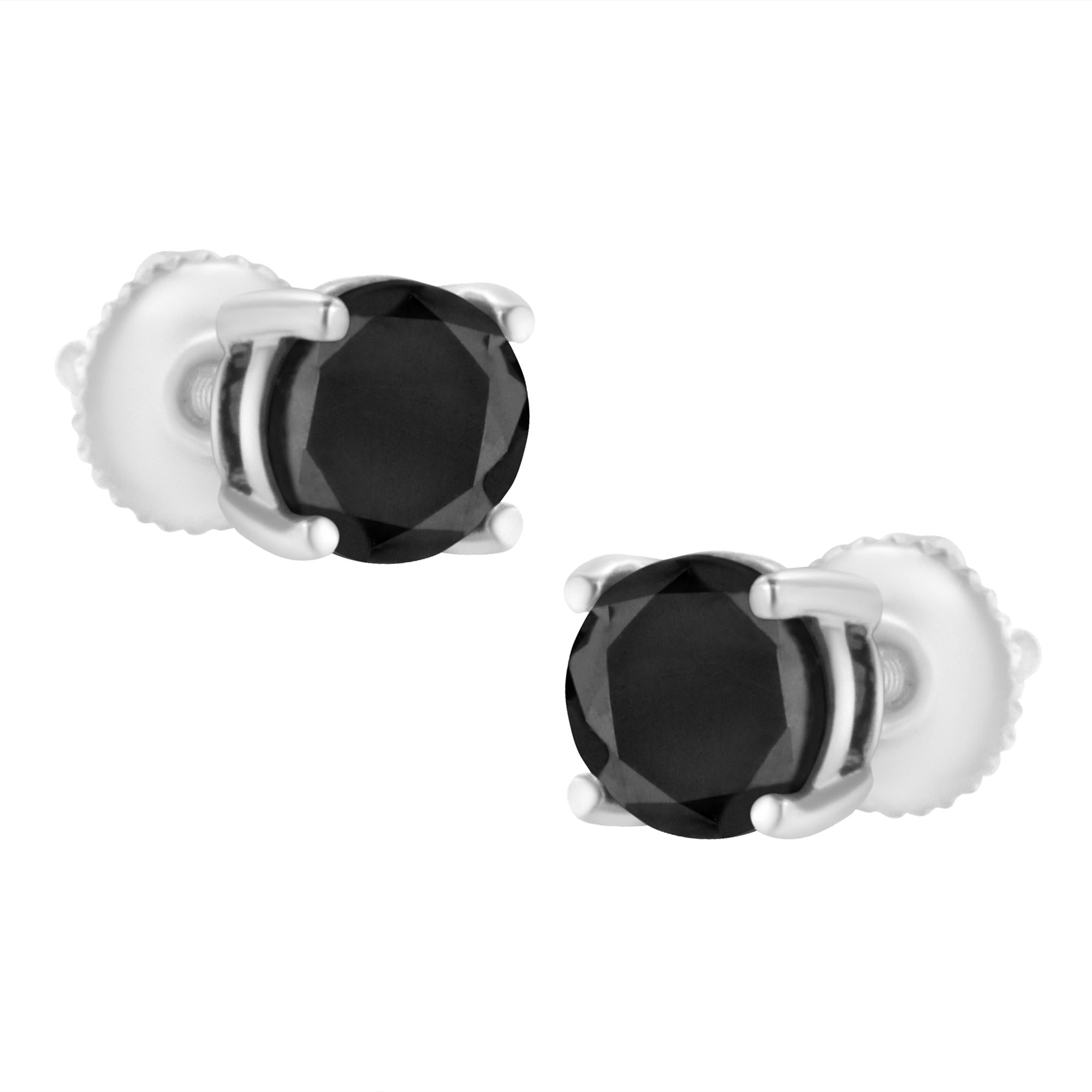 .925 Sterling Silver Round Brilliant-Cut Black Diamond Classic 4-Prong Stud Earrings With Screw Backs (Fancy Color-Enhan