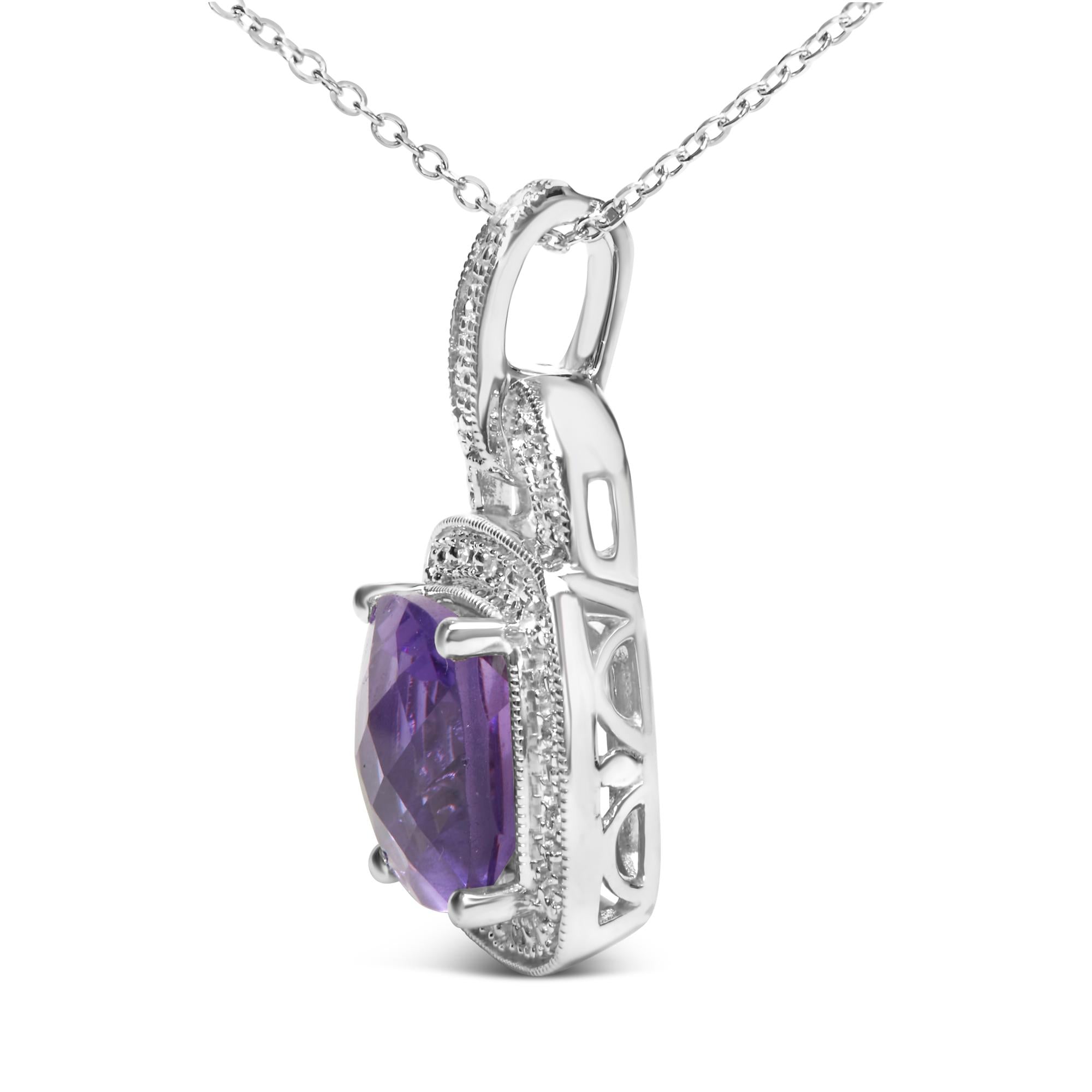 .925 Sterling Silver 10X10 MM Cushion Purple Amethyst and Diamond Accent Halo 18" Pendant Necklace (I-J Color, I1-I2 Cla
