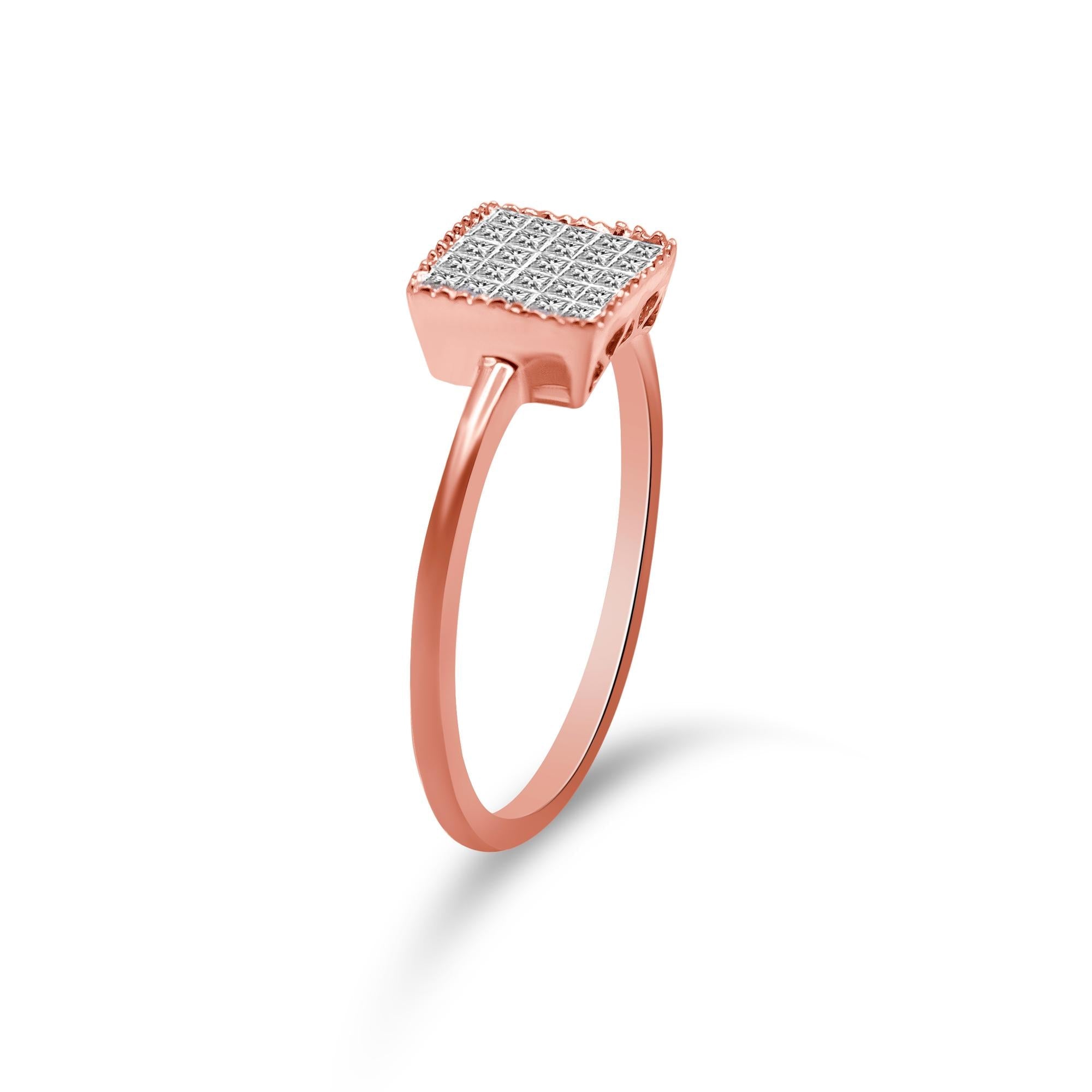 10K Rose Gold 1/3 Cttw Invisible Set Princess Cut Diamond Composite Square Shape Ring for Women (H-I Color, I1-I2 Clarit