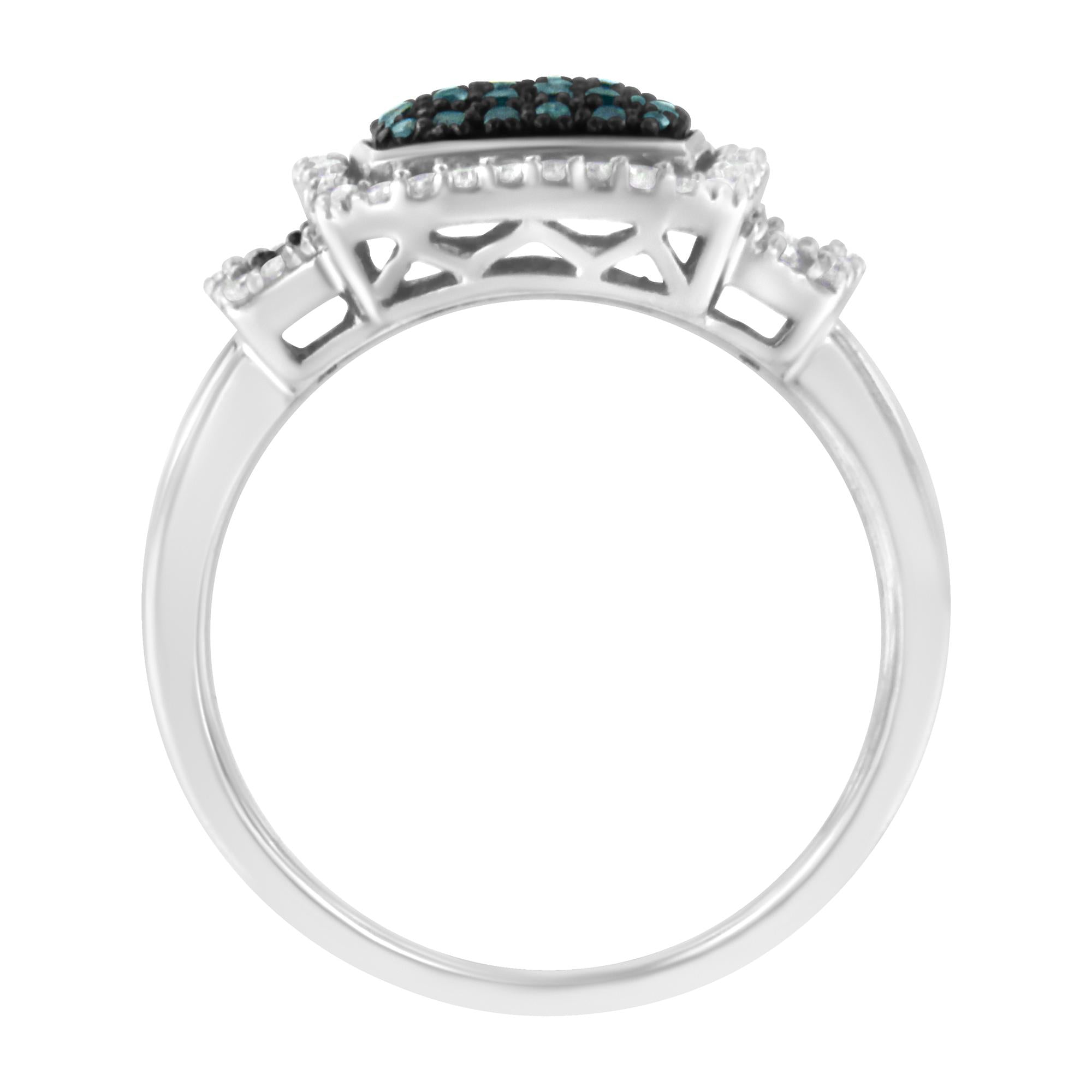 Black Rhodium Plated .925 Sterling Silver 1/2 Cttw White & Blue Diamond Square Halo Cocktail Ring (Fancy Blue & H-I Colo