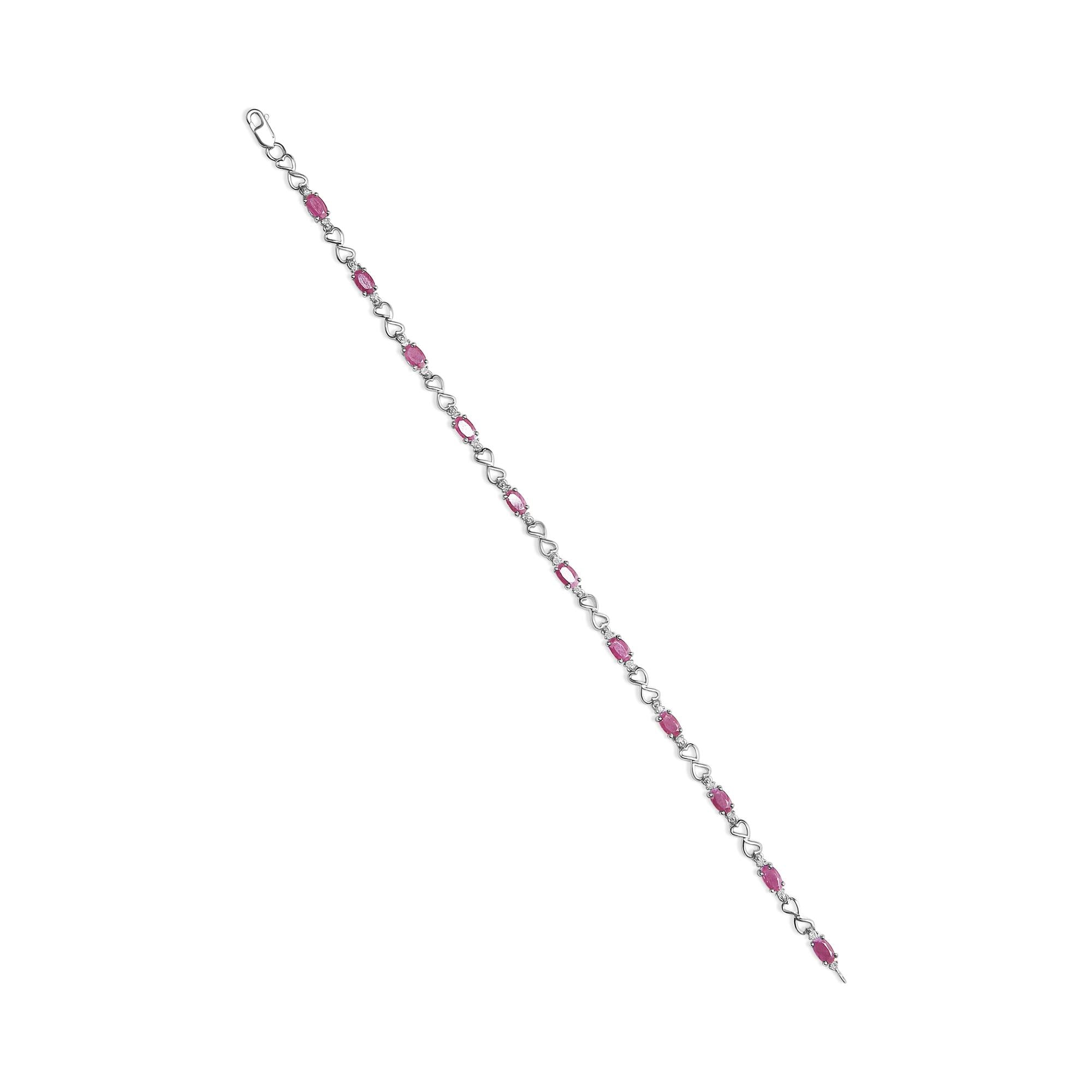 Pink Oval Ruby & Diamond Link Bracelet in .925 Sterling Silver 7.25”