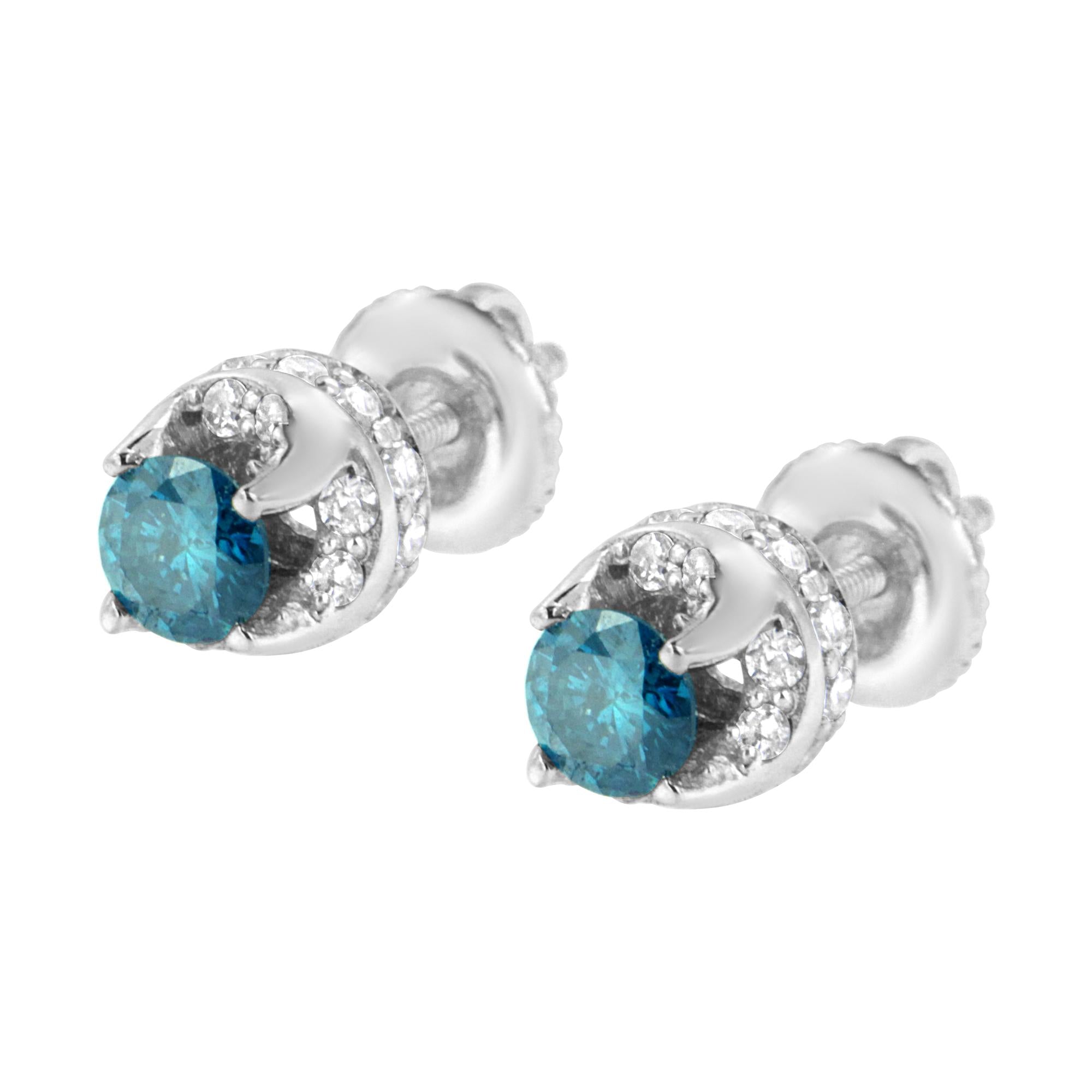 14K White Gold Blue & White Diamond Halo Stud Earrings