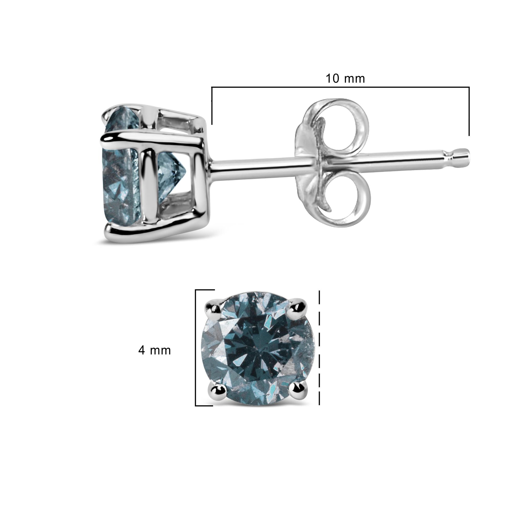 14K Gold Round Brilliant Cut Lab Grown Blue Diamond 4-Prong Classic Solitaire Stud Earrings With Pushbacks