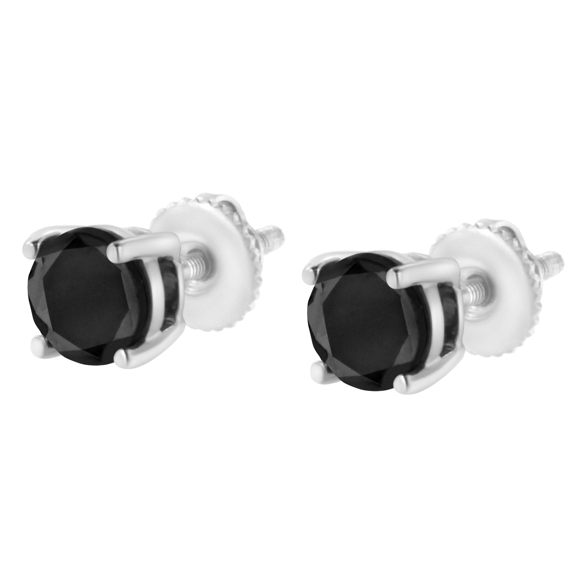 .925 Sterling Silver Round Brilliant-Cut Black Diamond Classic 4-Prong Stud Earrings With Screw Backs (Fancy Color-Enhan