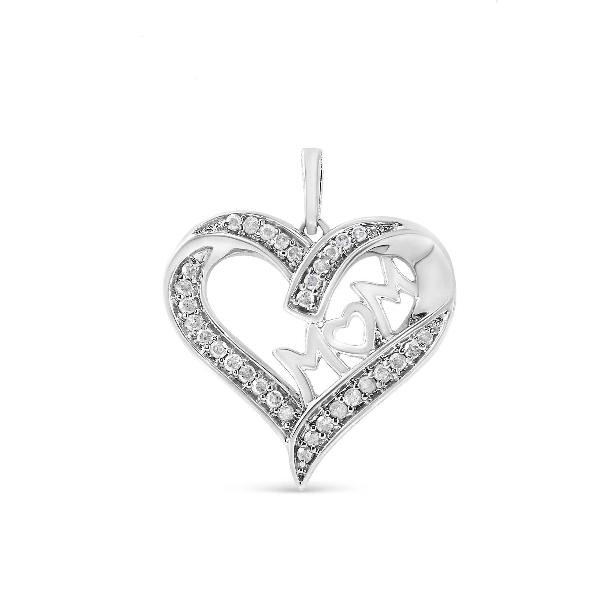 .925 Sterling Silver 1/4 Cttw Diamond Engraved "Mom" in Heart Pendant Necklace (I-J Color, I3 Clarity)