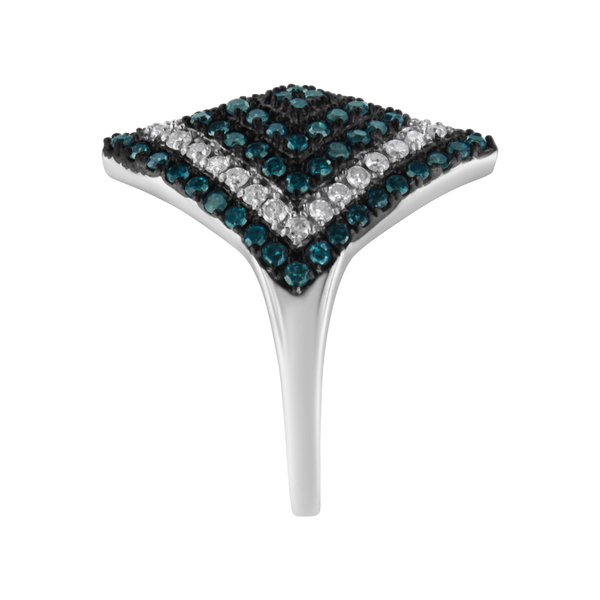 .925 Sterling Silver 1 Cttw White and Treated Blue Diamond Rhombus Cocktail Ring (Blue, I3)