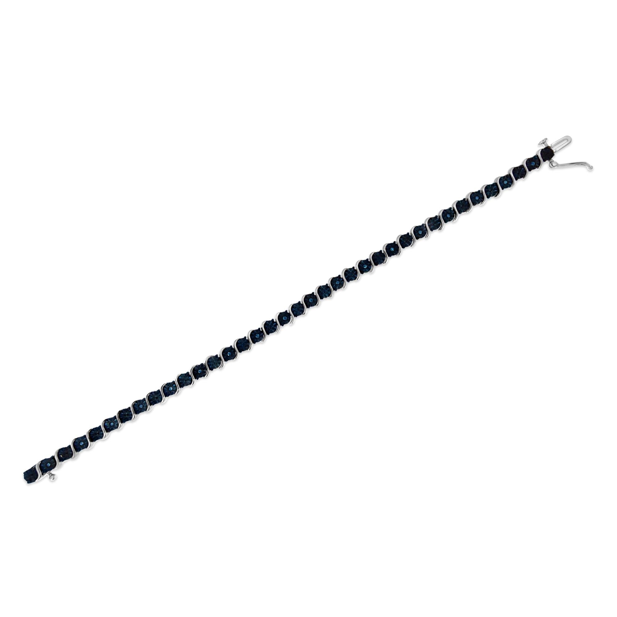 .925 Sterling Silver 1/10 Cttw Miracle-Set Treated Blue Color Diamond Miracle Plate "S" Link Tennis Bracelet (Blue Color