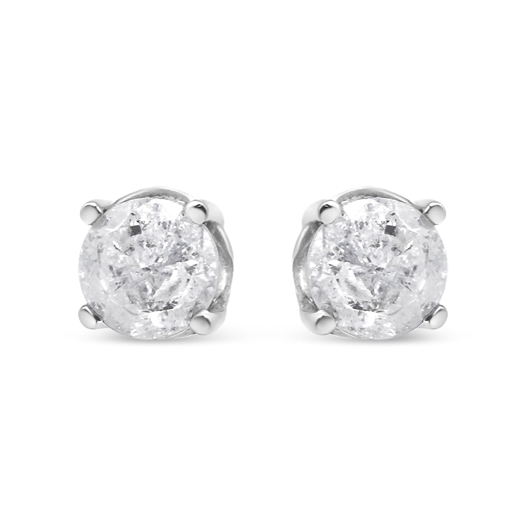 .925 Sterling Silver 4-Prong Round-Cut "Salt and Pepper" Diamond Classic Stud Earrings (I-J Color, I3 Clarity)