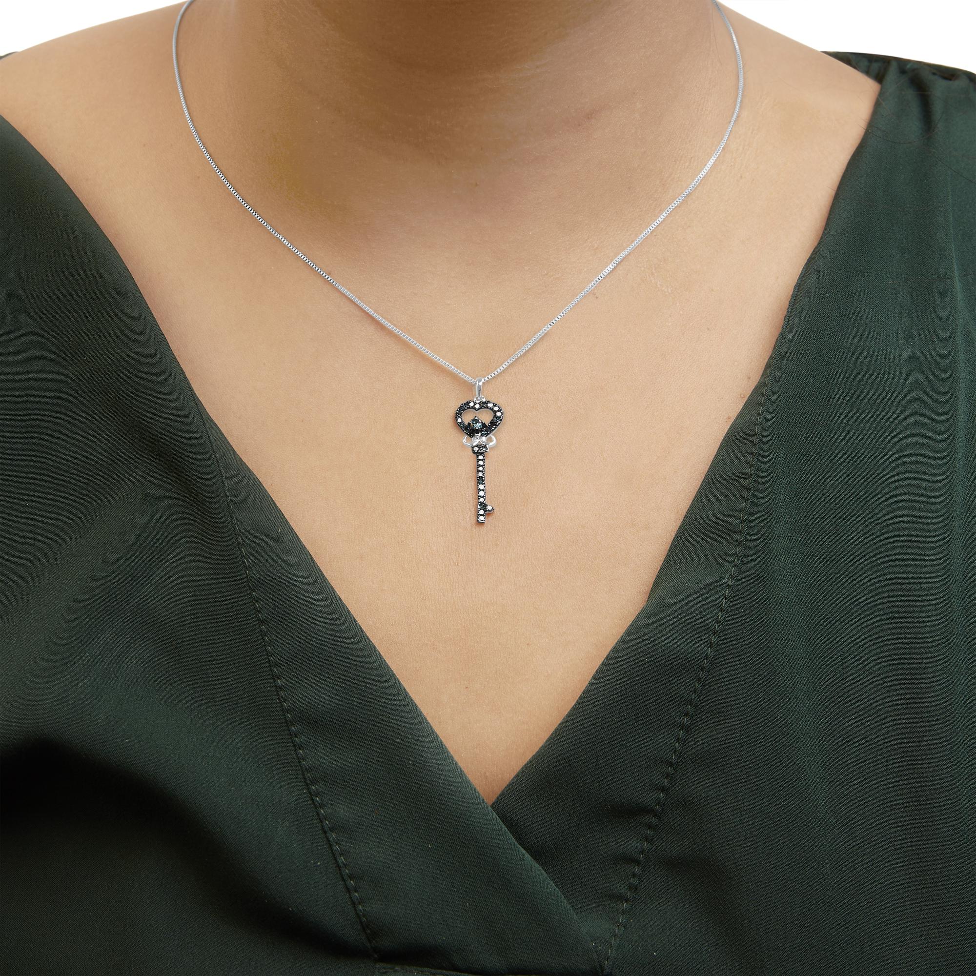Blue Diamond Key Pendant Necklace 18” in .925 Sterling Silver 1/3 Cttw