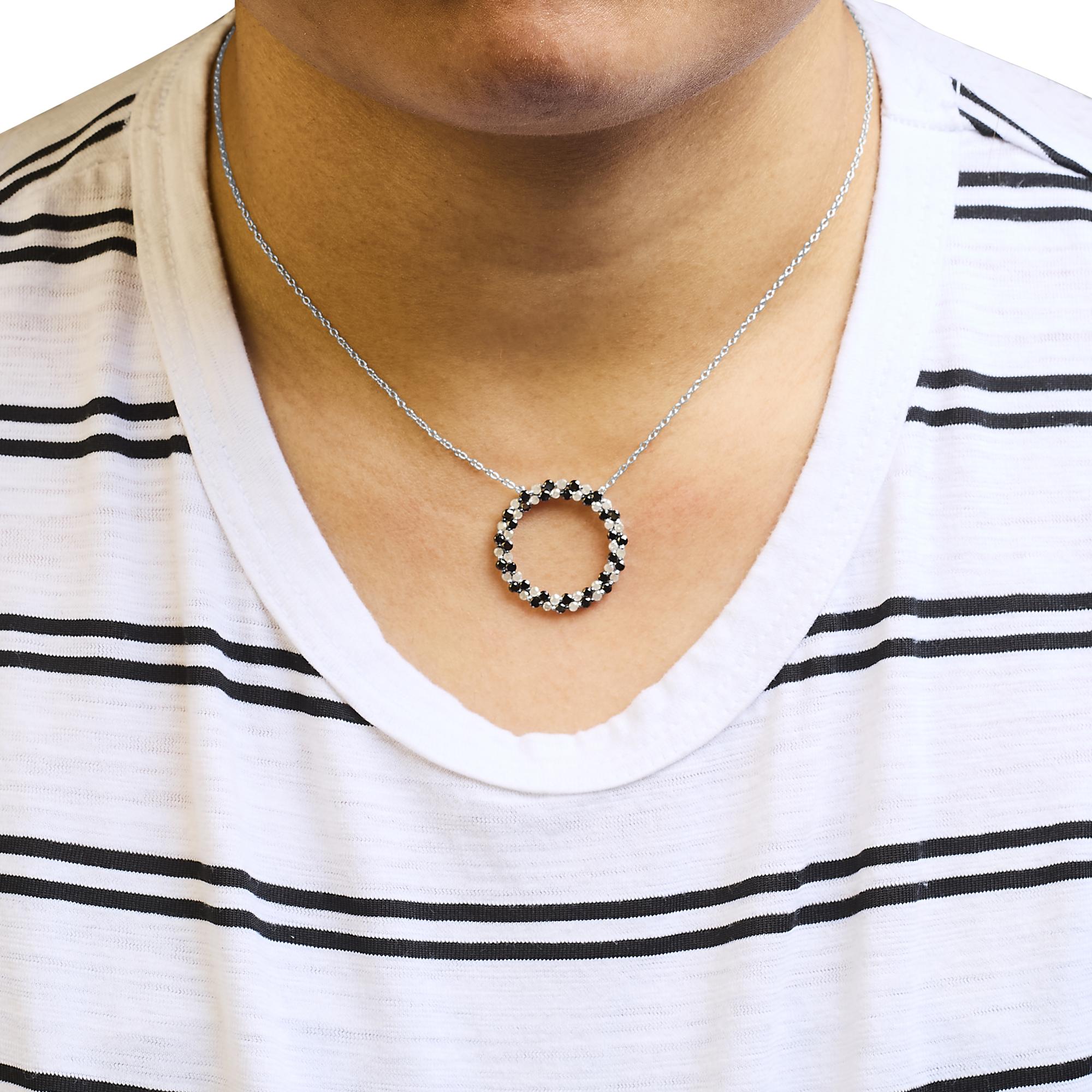.925 Sterling Silver 1 3/5 Cttw Alternating Treated Black and White Diamond Double Row Open Circle Pendant Necklace (H-I