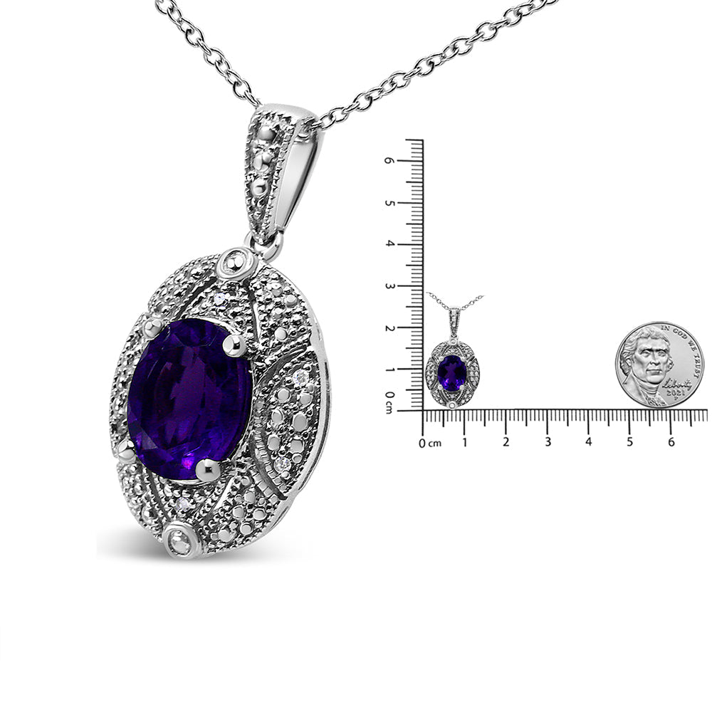 .925 Sterling Silver Diamond Accent and 9x7mm Purple Oval Amethyst Gemstone Pendant 18" Necklace (I-J Color, I1-I2 Clari