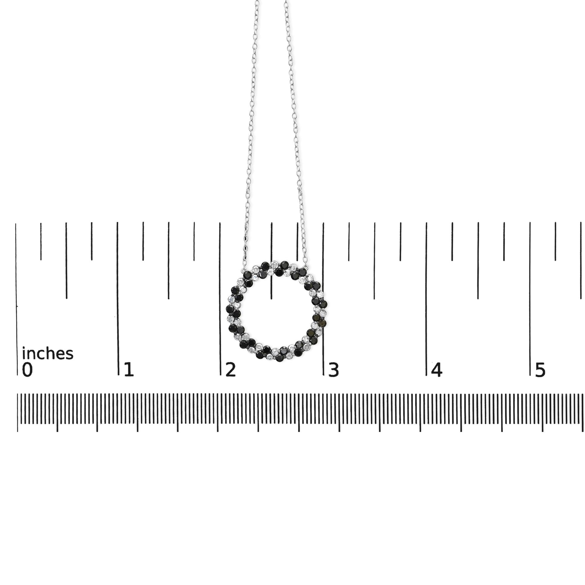 .925 Sterling Silver 1 3/5 Cttw Alternating Treated Black and White Diamond Double Row Open Circle Pendant Necklace (H-I