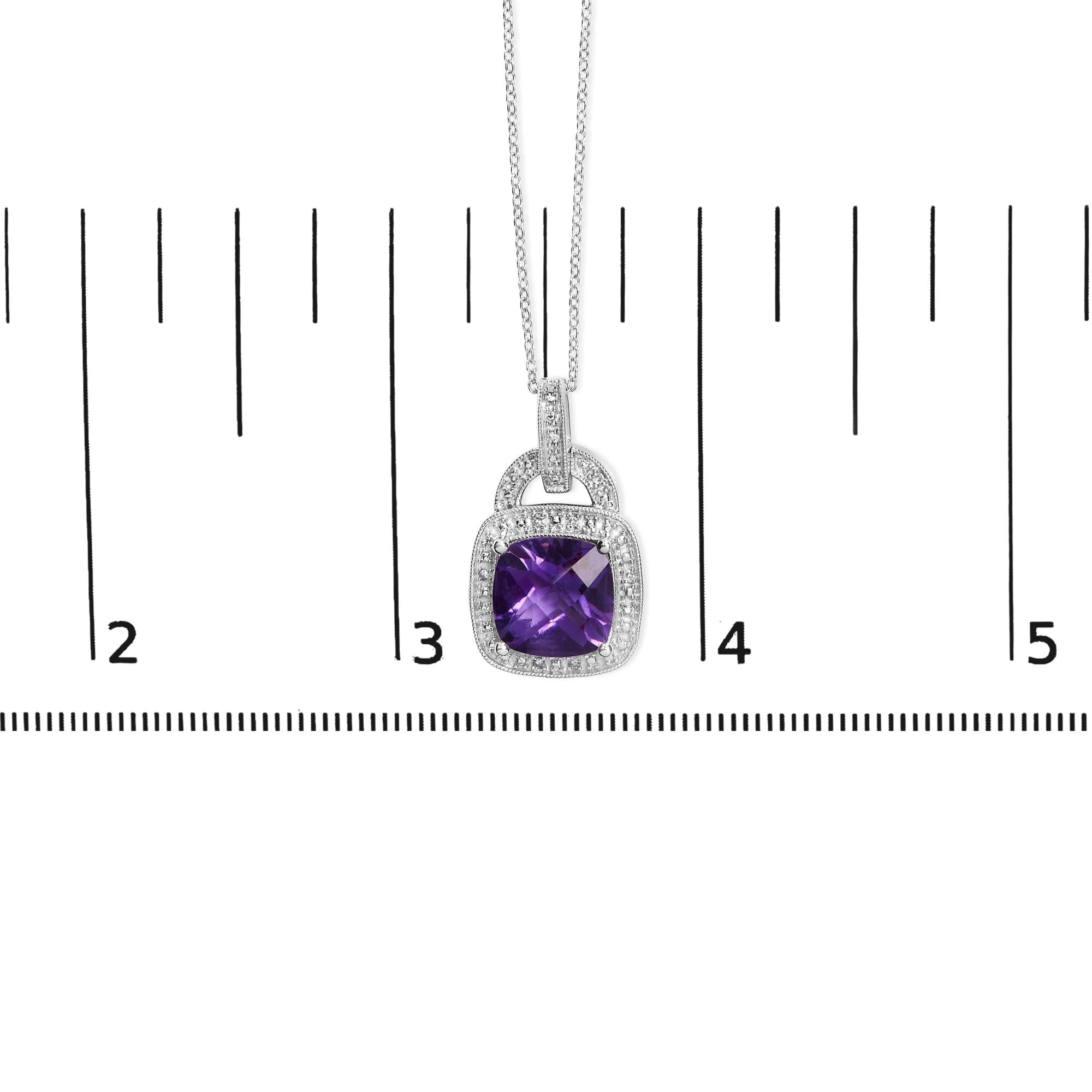 .925 Sterling Silver 10X10 MM Cushion Purple Amethyst and Diamond Accent Halo 18" Pendant Necklace (I-J Color, I1-I2 Cla