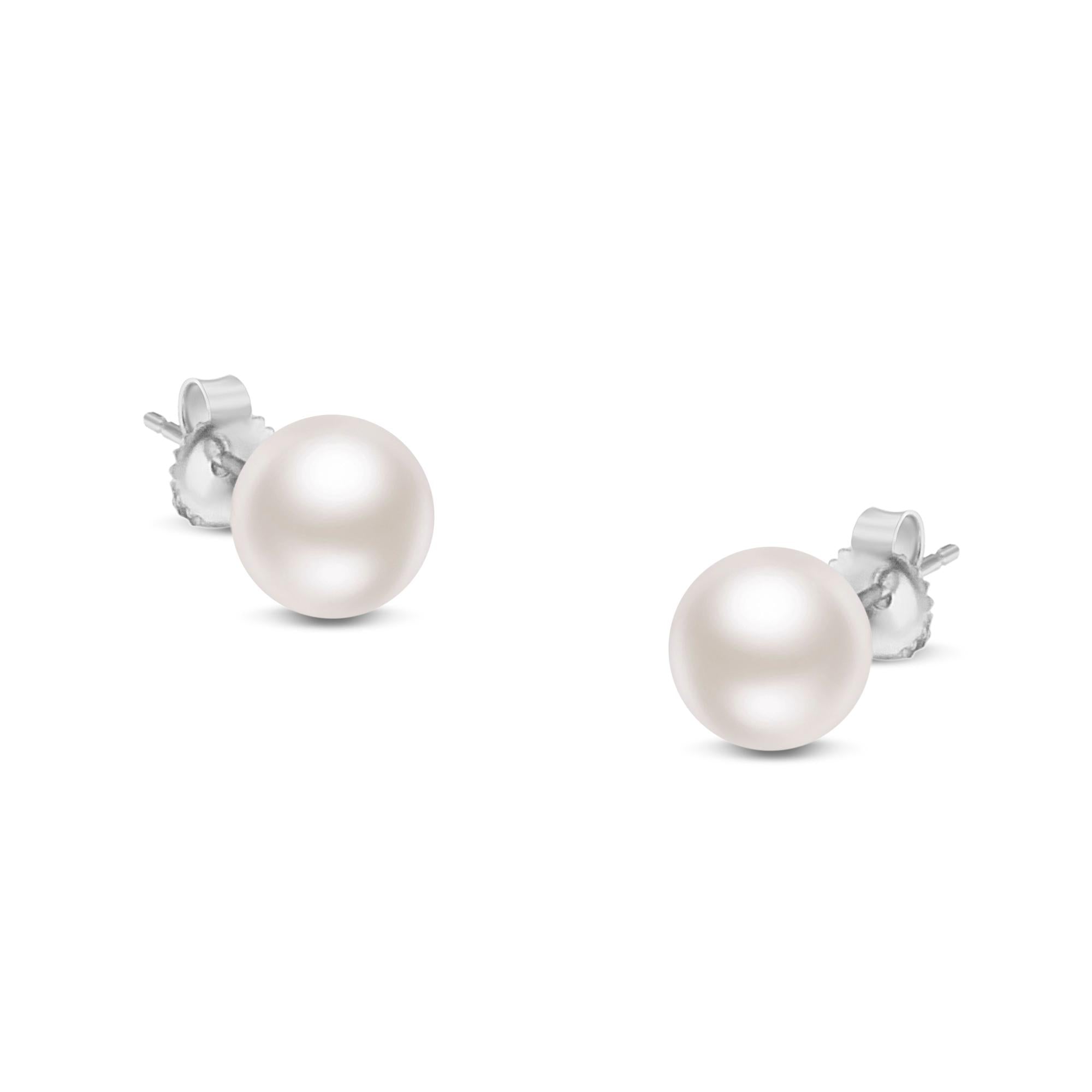 14K Gold Round White Akoya Pearl Stud Earrings AAA+ – Choice of Size