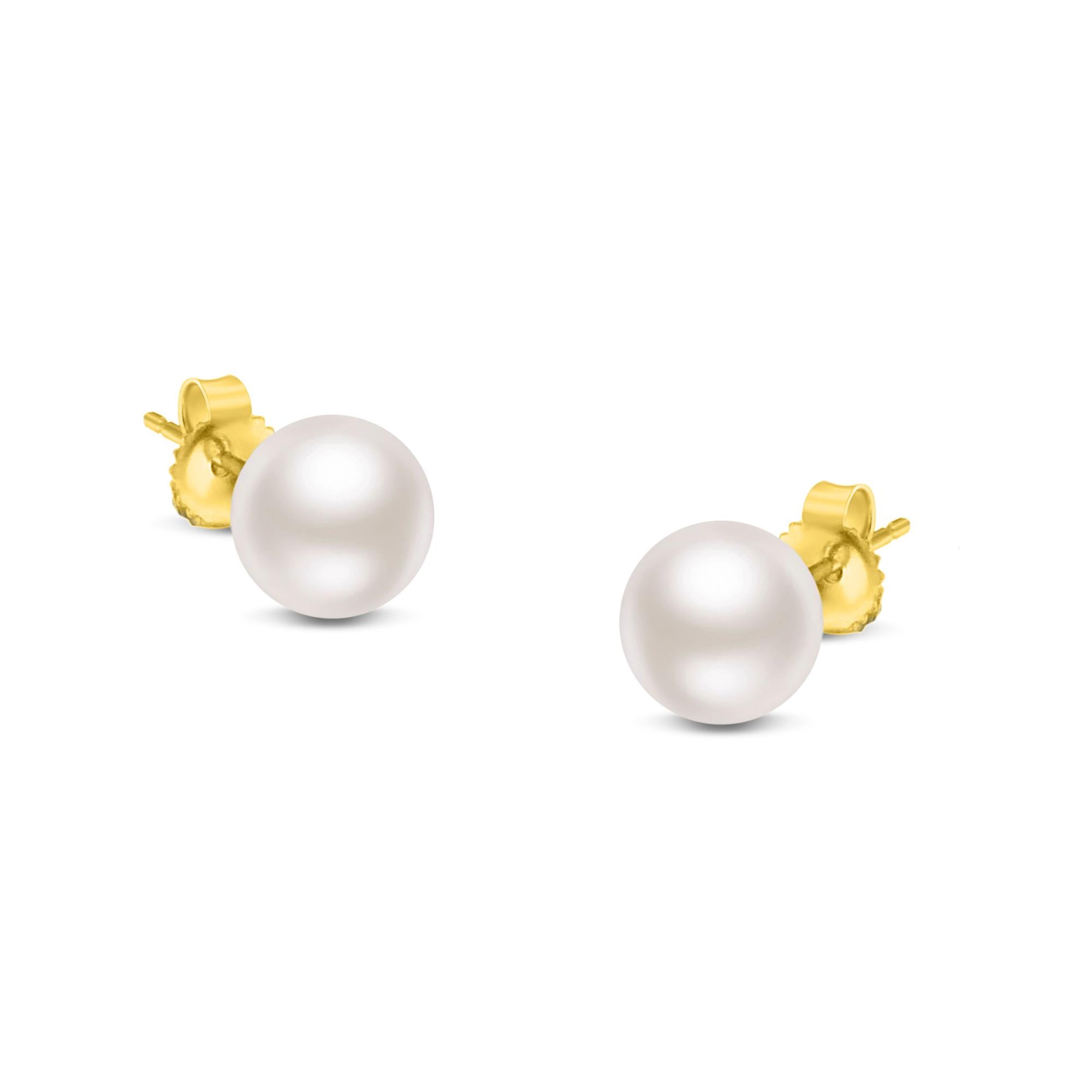 14K Gold Round White Akoya Pearl Stud Earrings AAA+ – Choice of Size