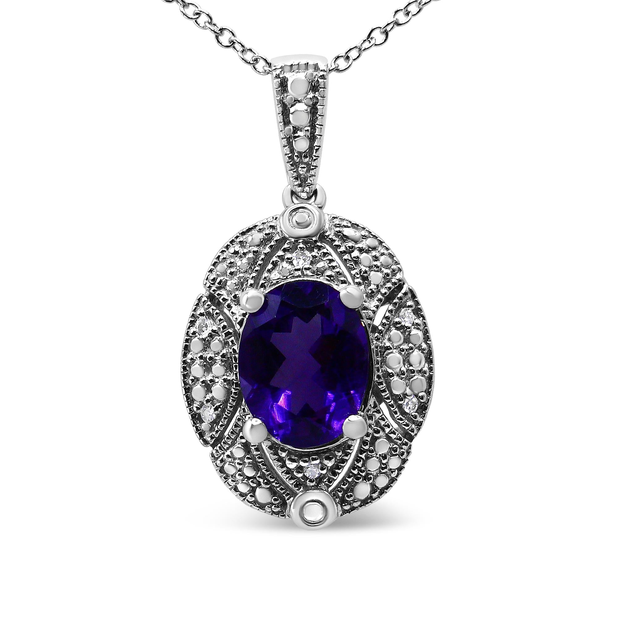 .925 Sterling Silver Diamond Accent and 9x7mm Purple Oval Amethyst Gemstone Pendant 18" Necklace (I-J Color, I1-I2 Clari