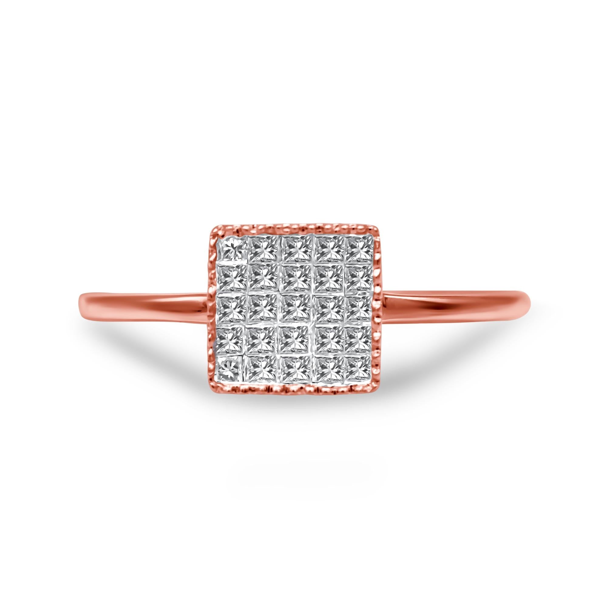 10K Rose Gold 1/3 Cttw Invisible Set Princess Cut Diamond Composite Square Shape Ring for Women (H-I Color, I1-I2 Clarit