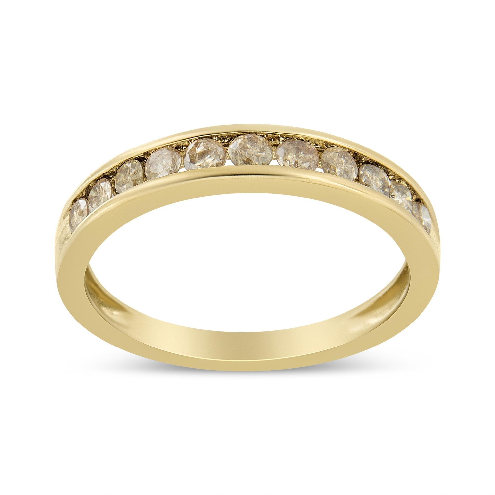 14K Yellow Gold Plated .925 Sterling Silver 1/2 Cttw Channel Set Round Champagne Diamond 11 Stone Band Ring (K-L Color,