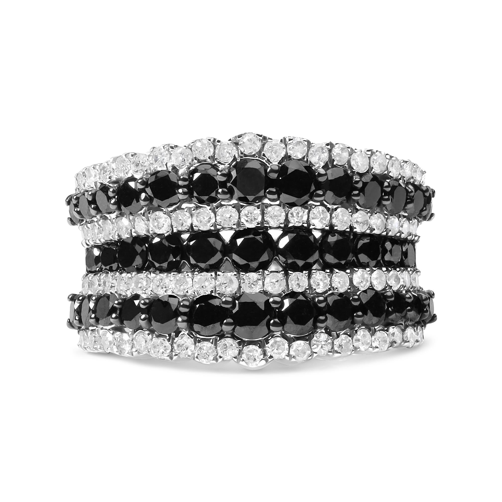 .925 Sterling Silver 1 3/4 Cttw Treated Black and White Alternating Diamond Multi Row Band Ring (Black / I-J Color, I2-I