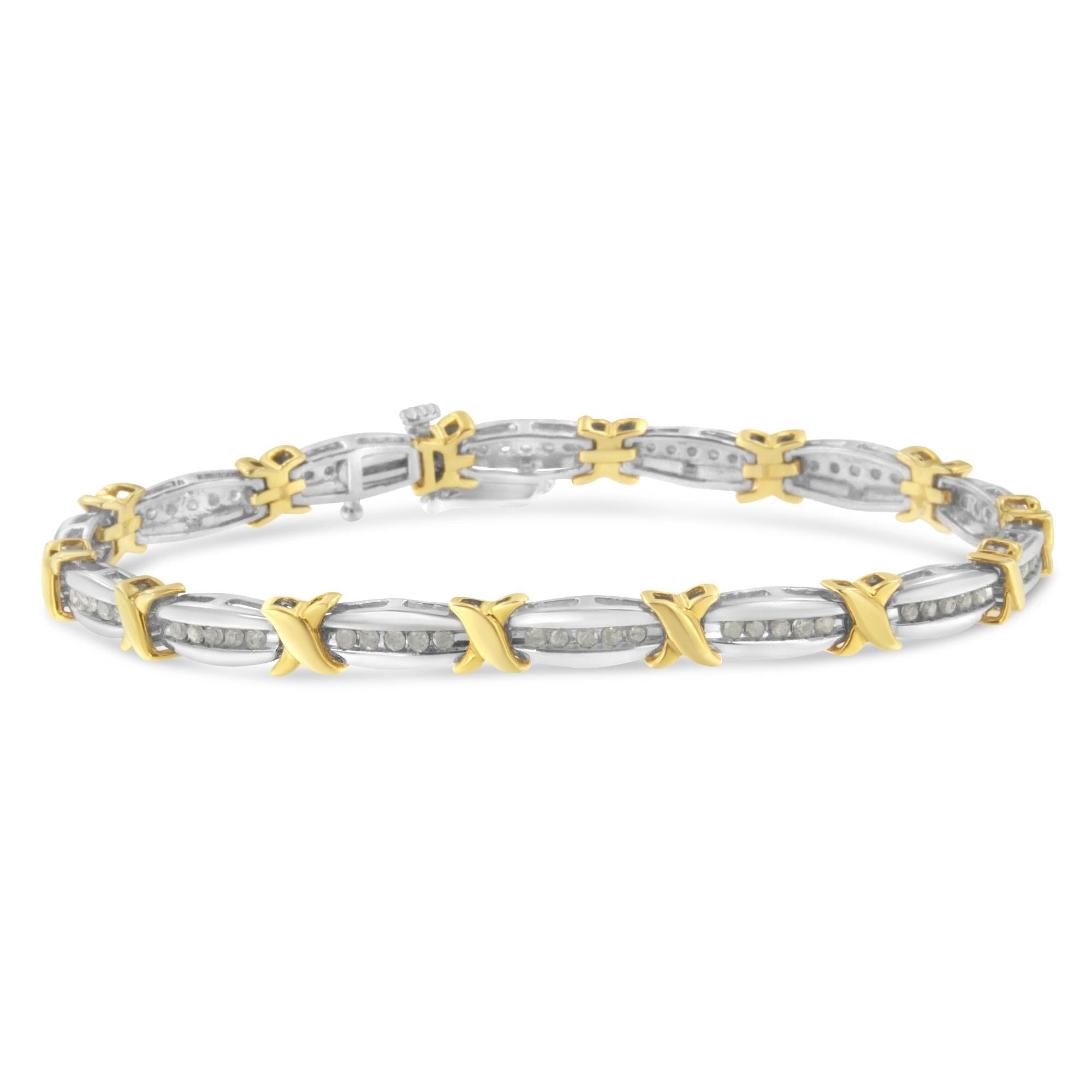 Two-Tone 10K Yellow Gold Over .925 Sterling Silver 1.0 Cttw Diamond Channel Set Tapered & X-Link 7" Tennis Bracelet (H-I