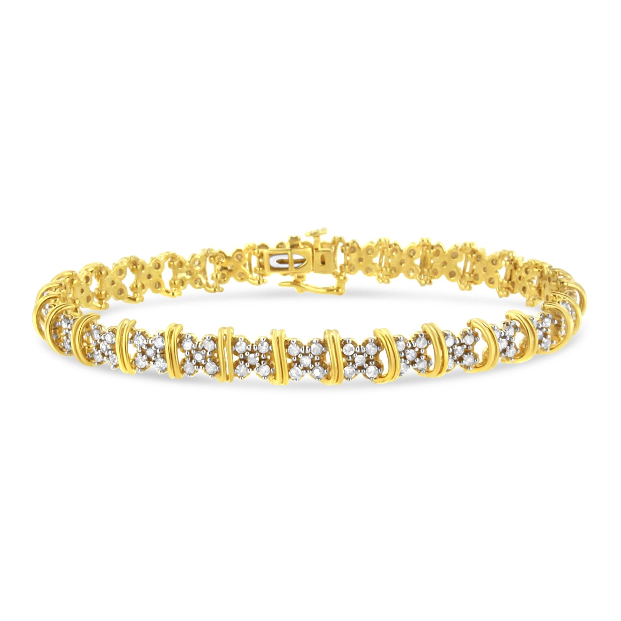 10K Yellow Gold Plated .925 Sterling Silver 2.0 Cttw Round Diamond Cluster "X" Shaped Link Bracelet (H-I Color, I3 Clari