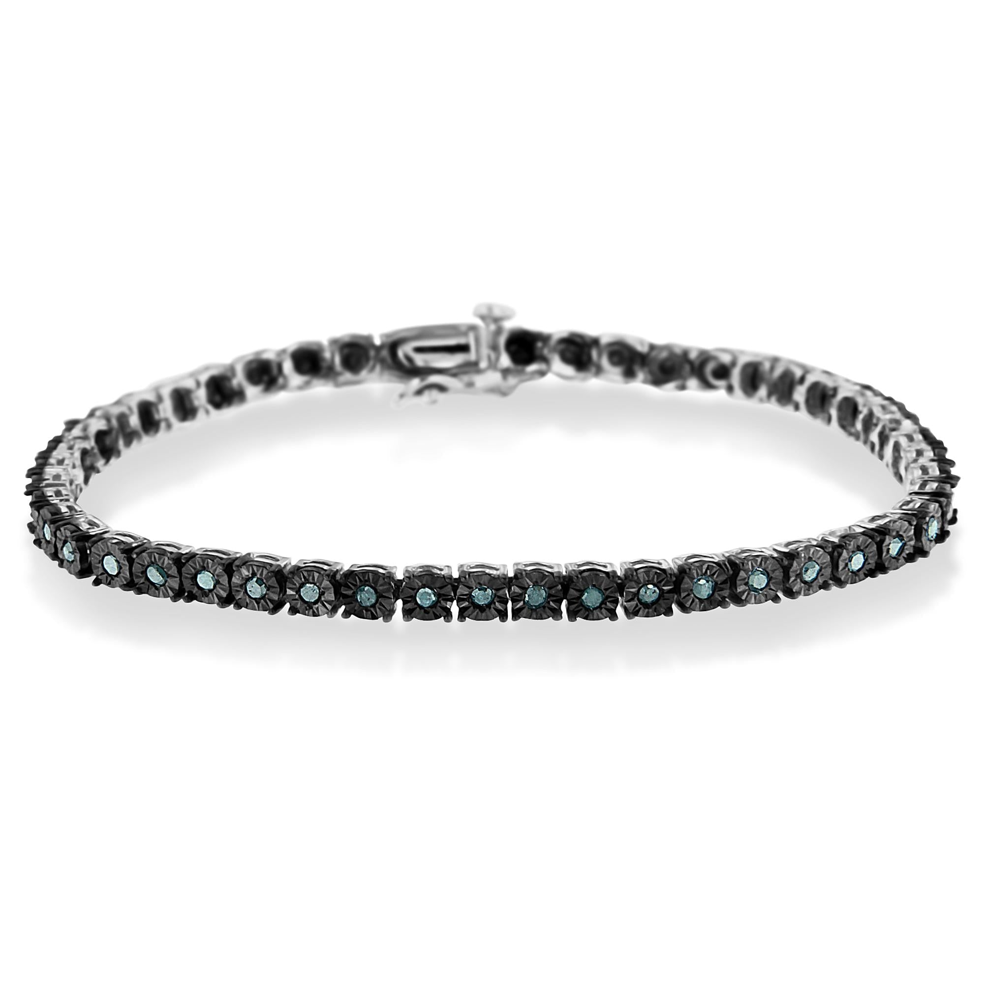 Black Rhodium Plated .925 Sterling Silver 1.0 Cttw Diamond Miracle Tennis Bracelet (Enhanced Blue Color, I3 Clarity) - 7
