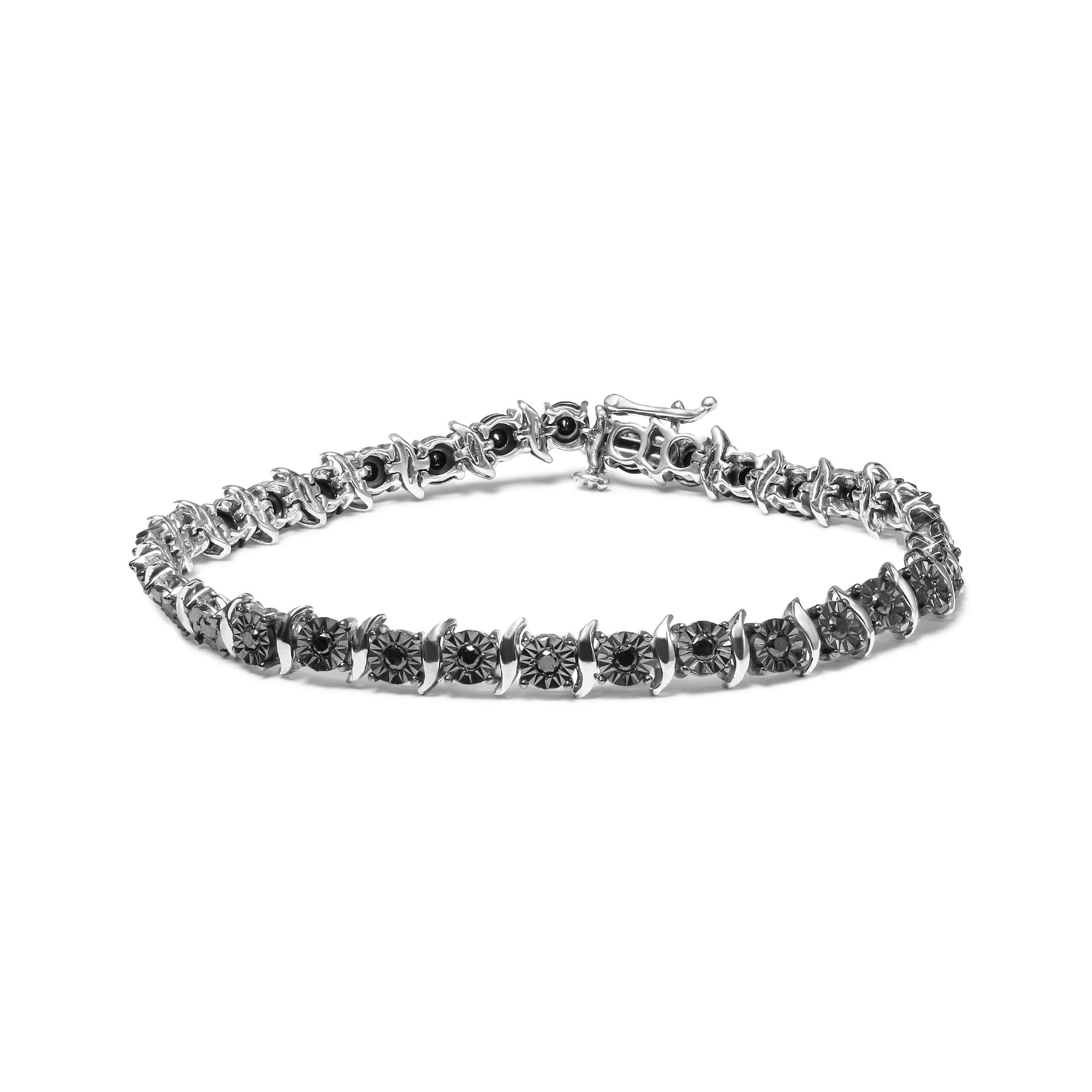 .925 Sterling Silver 1.0 Cttw Black Treated Diamond S-Curve Link Miracle-Set 7" Tennis Bracelet (Black Color, I2-I3 Clar