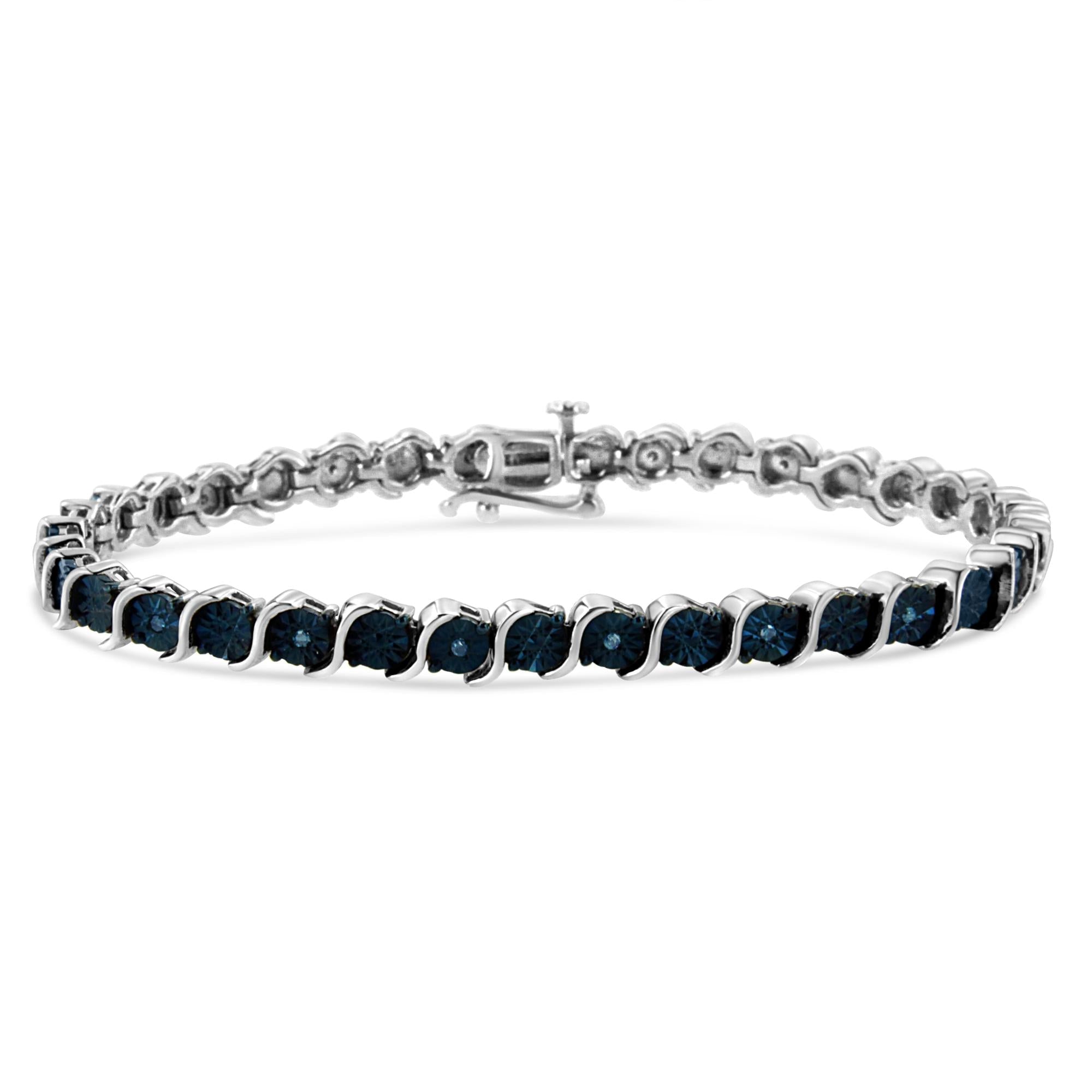 .925 Sterling Silver 1/10 Cttw Miracle-Set Treated Blue Color Diamond Miracle Plate "S" Link Tennis Bracelet (Blue Color