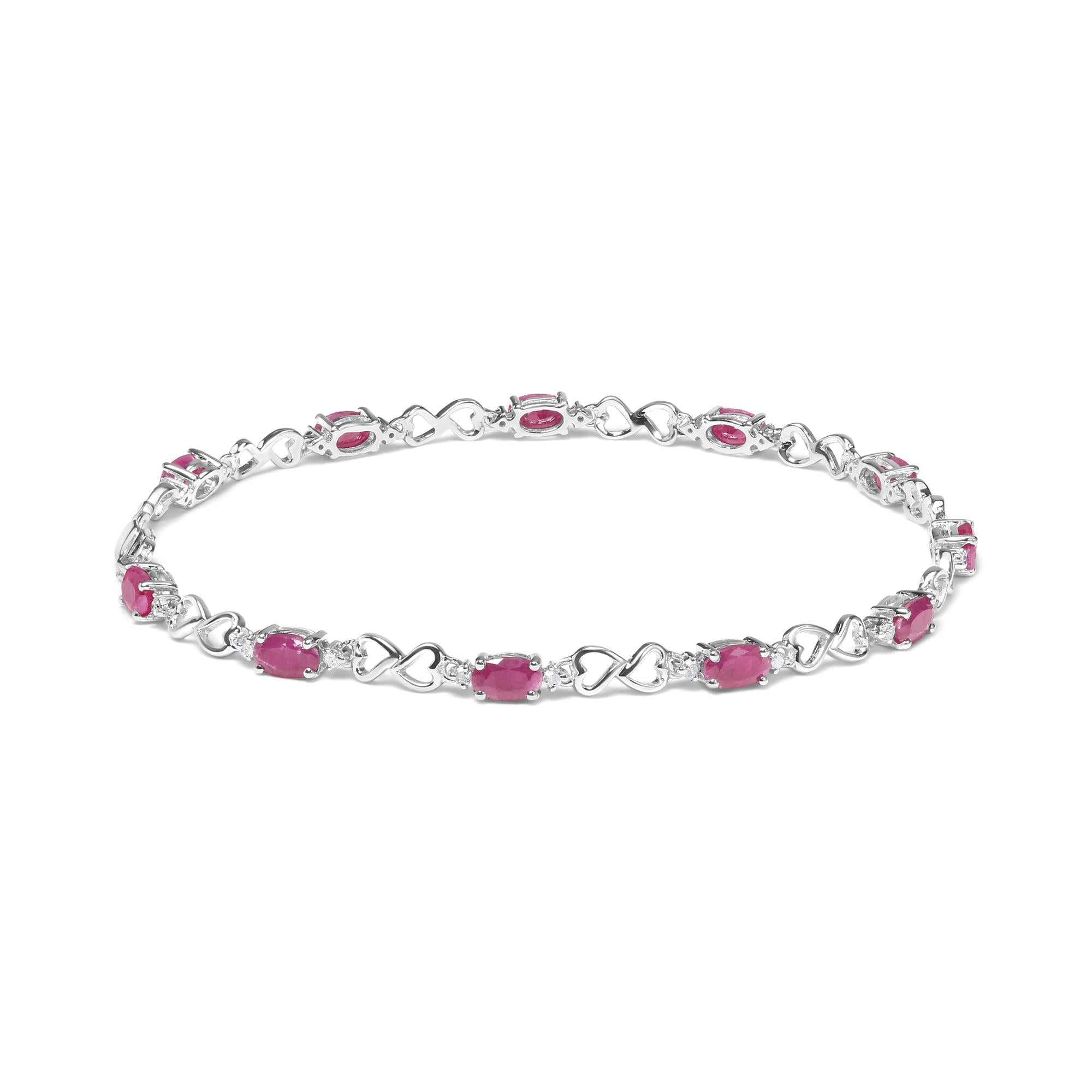 Pink Oval Ruby & Diamond Link Bracelet in .925 Sterling Silver 7.25”