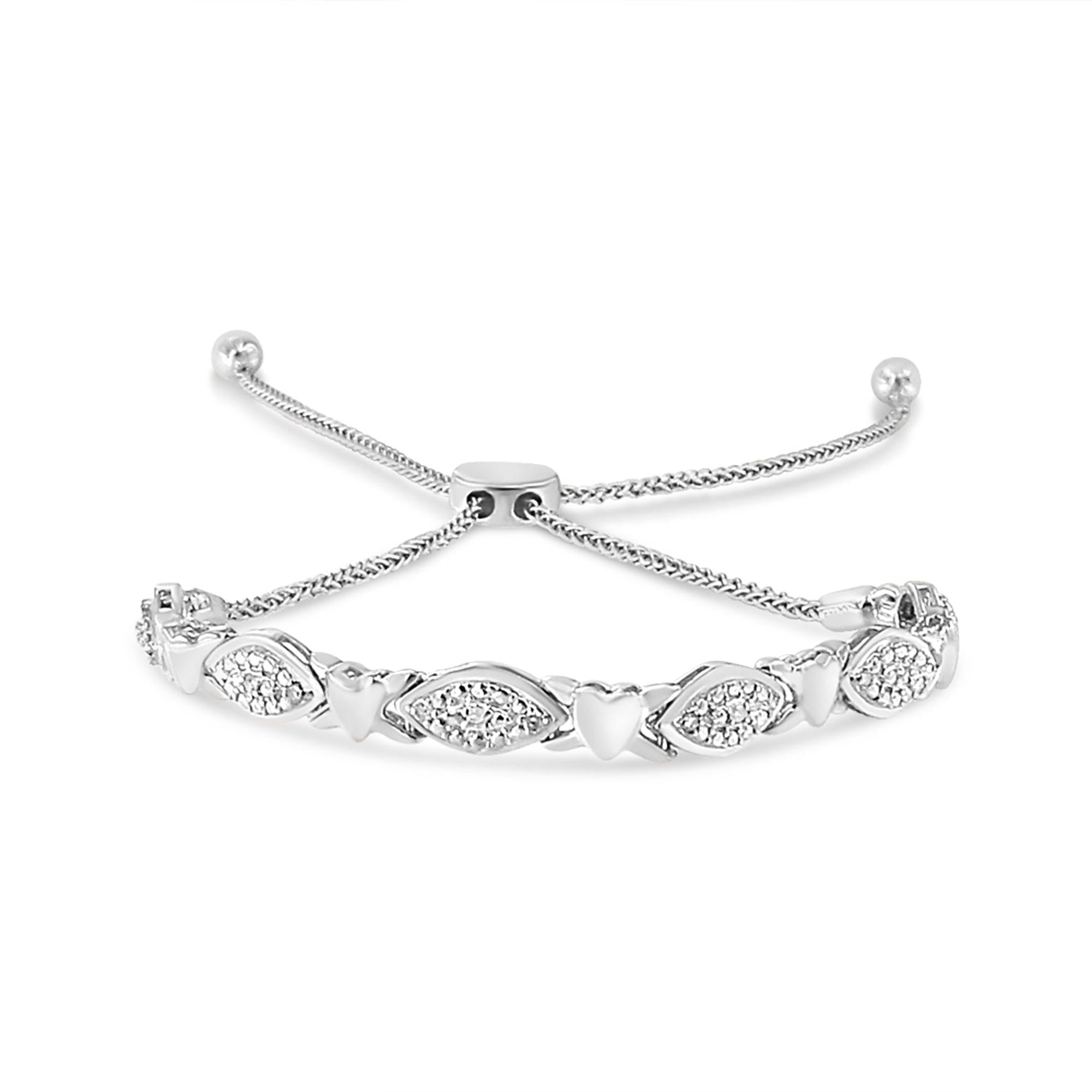 .925 Sterling Silver Diamond Accent Alternating Marquise Shape and Heart Links Bolo Bracelet (I-J Color, I3 Clarity) - A