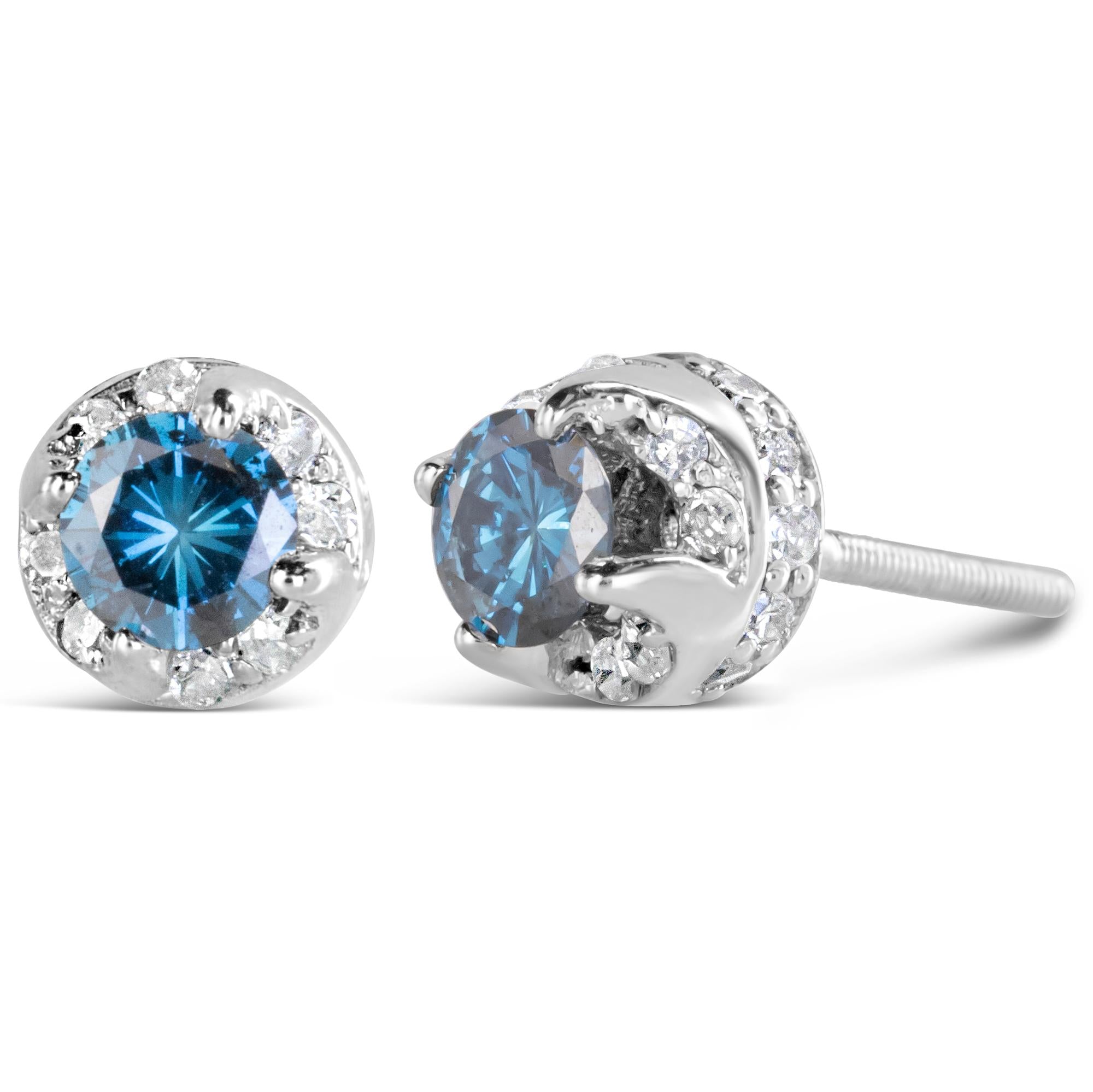 14K White Gold Blue & White Diamond Halo Stud Earrings